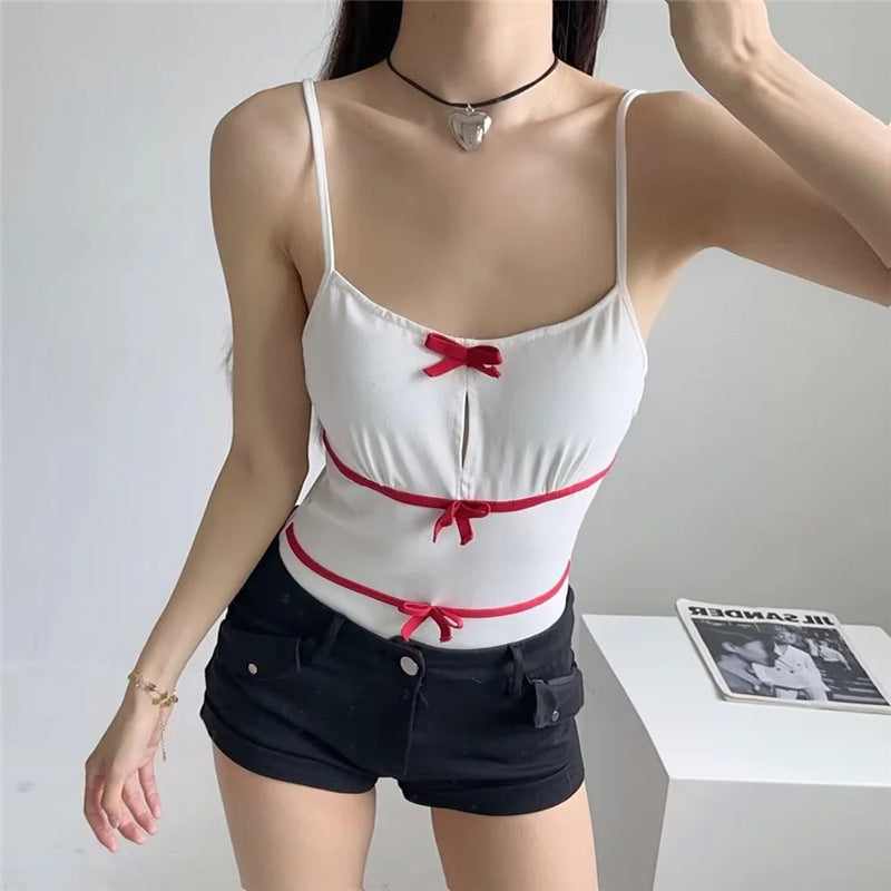 Bow embellished suspender jumpsuit