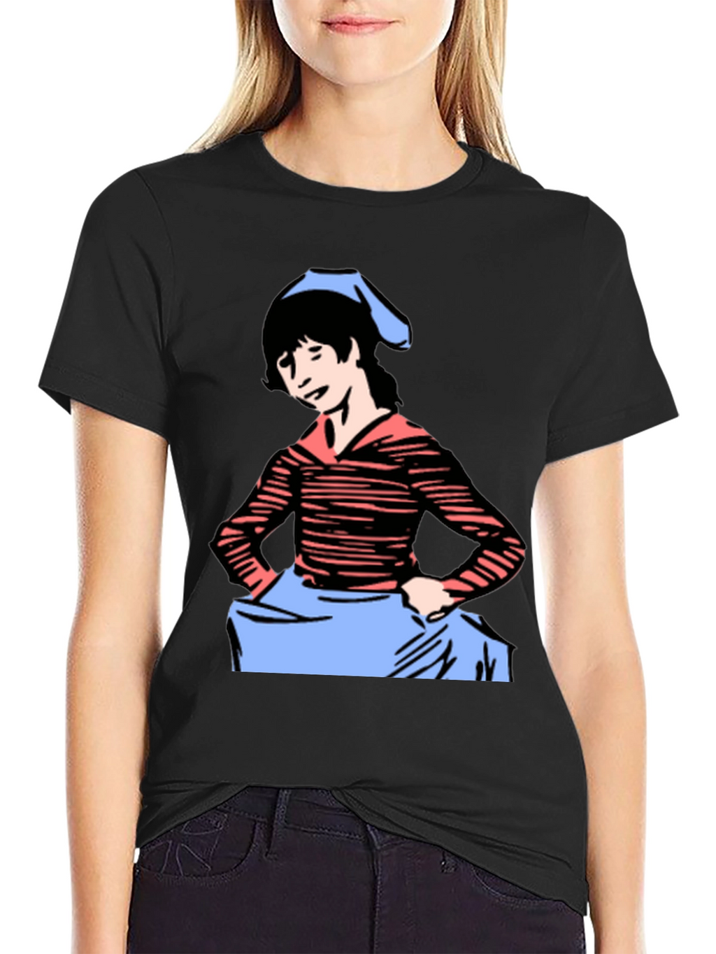 Cartoon Girl Graphic Tee - Black Casual T-Shirt