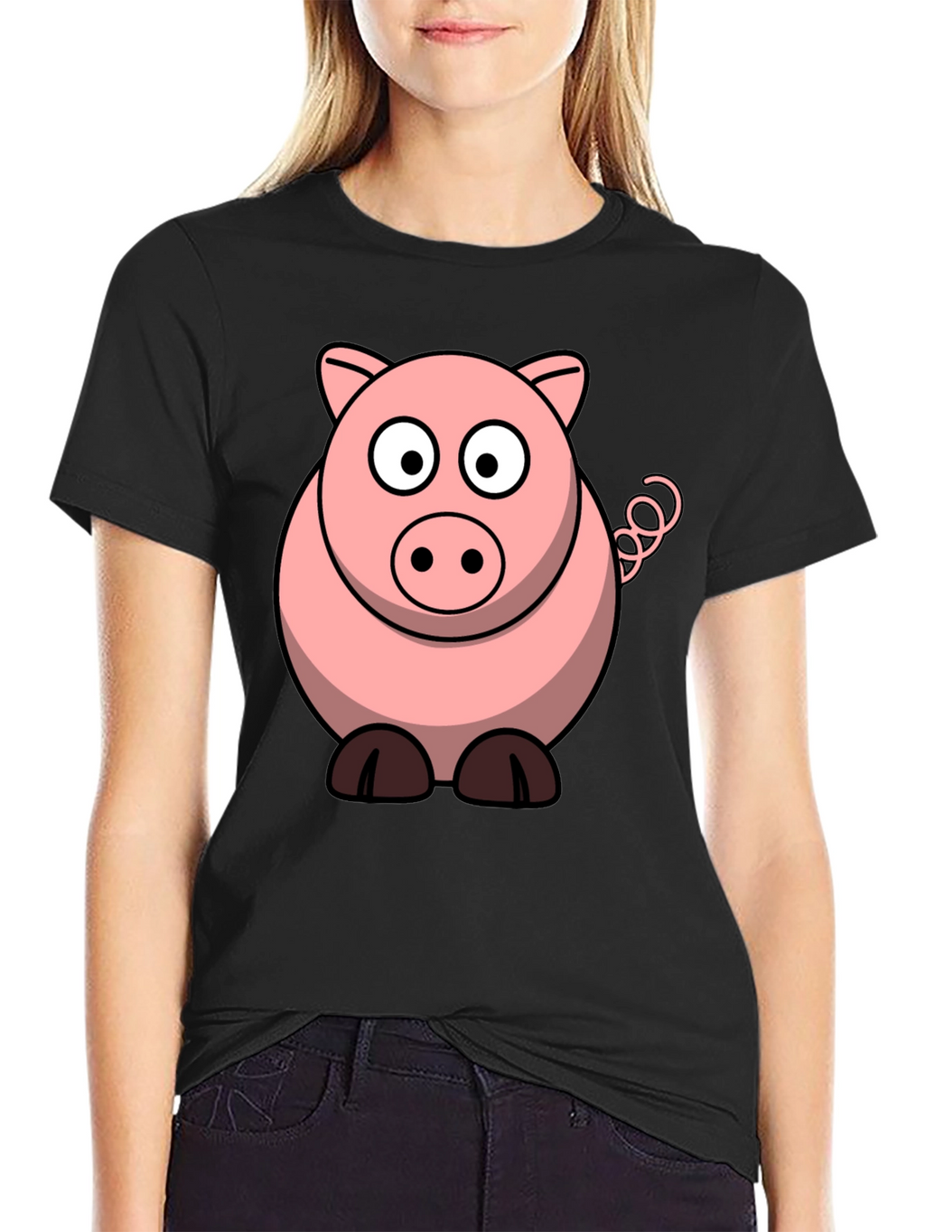Cartoon Pig Graphic Tee - Black Cotton T-Shirt