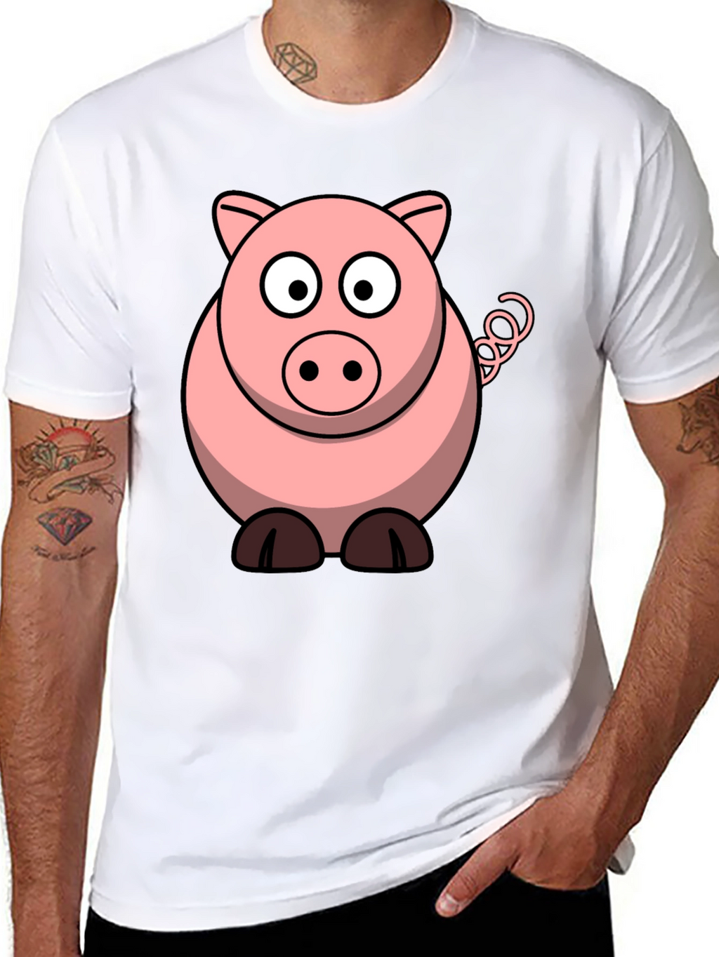 Cartoon Pig Graphic Tee - Black Cotton T-Shirt