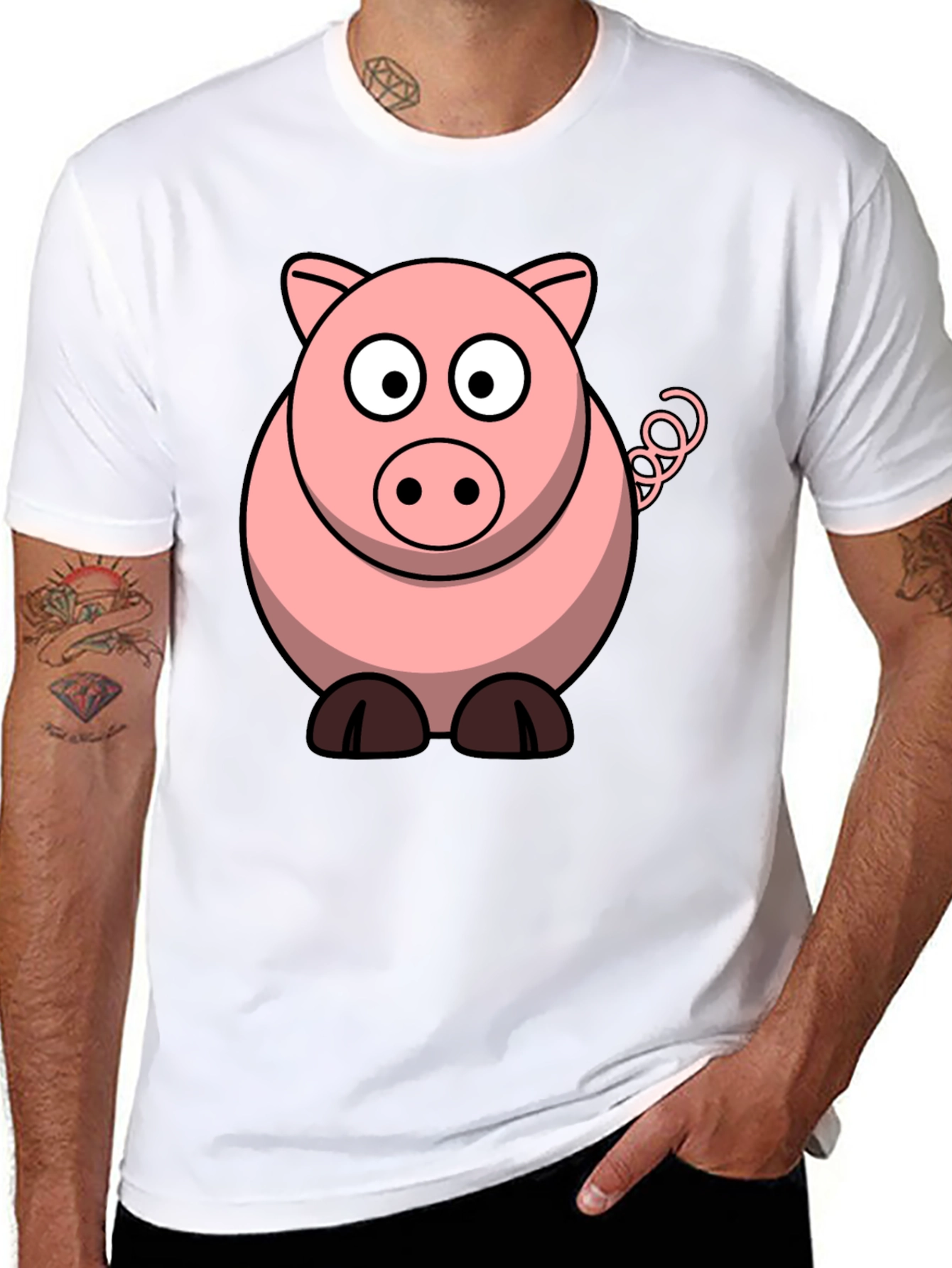 Cartoon Pig Graphic Tee - Black Cotton T-Shirt