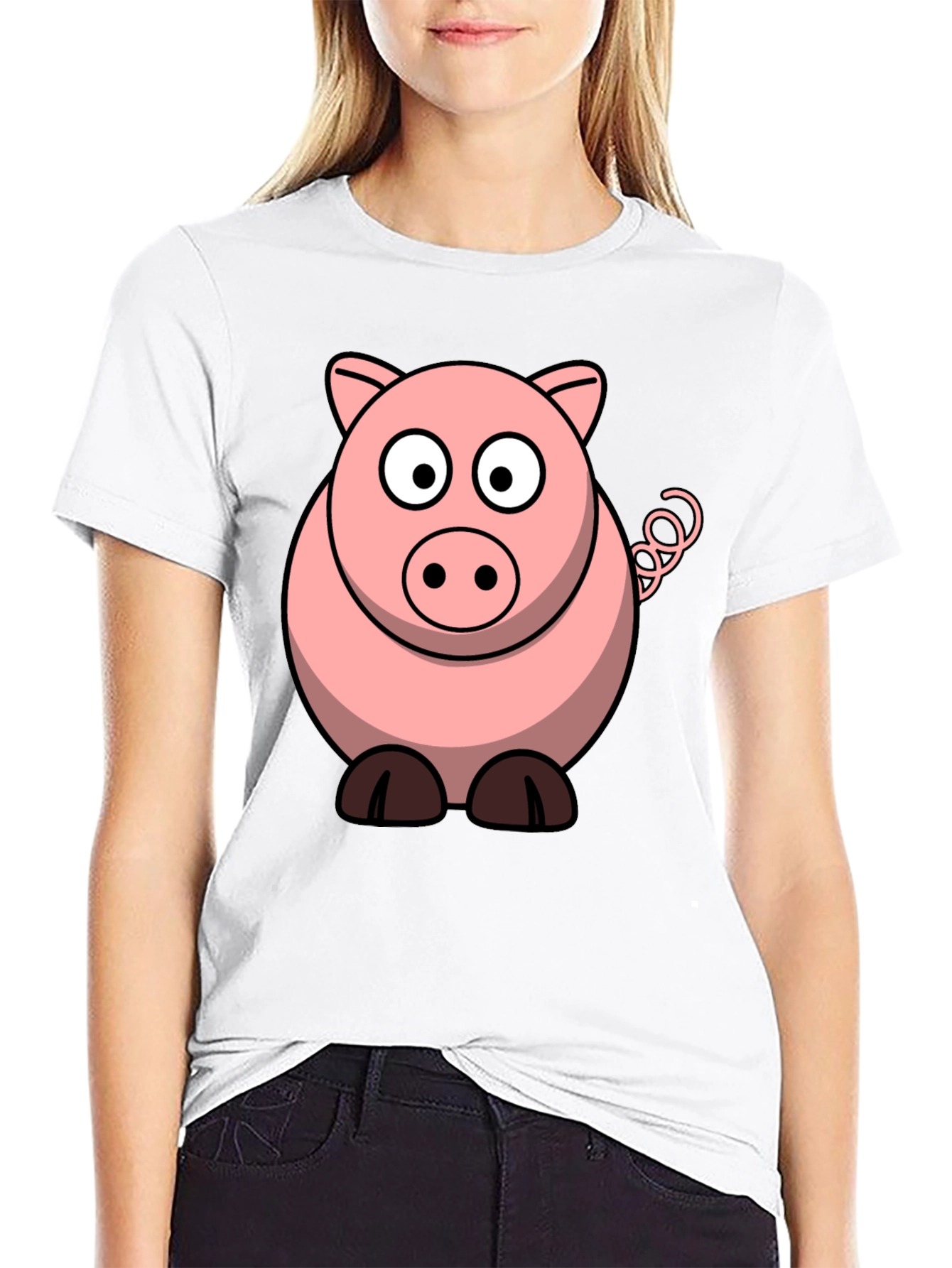 Cartoon Pig Graphic Tee - Black Cotton T-Shirt