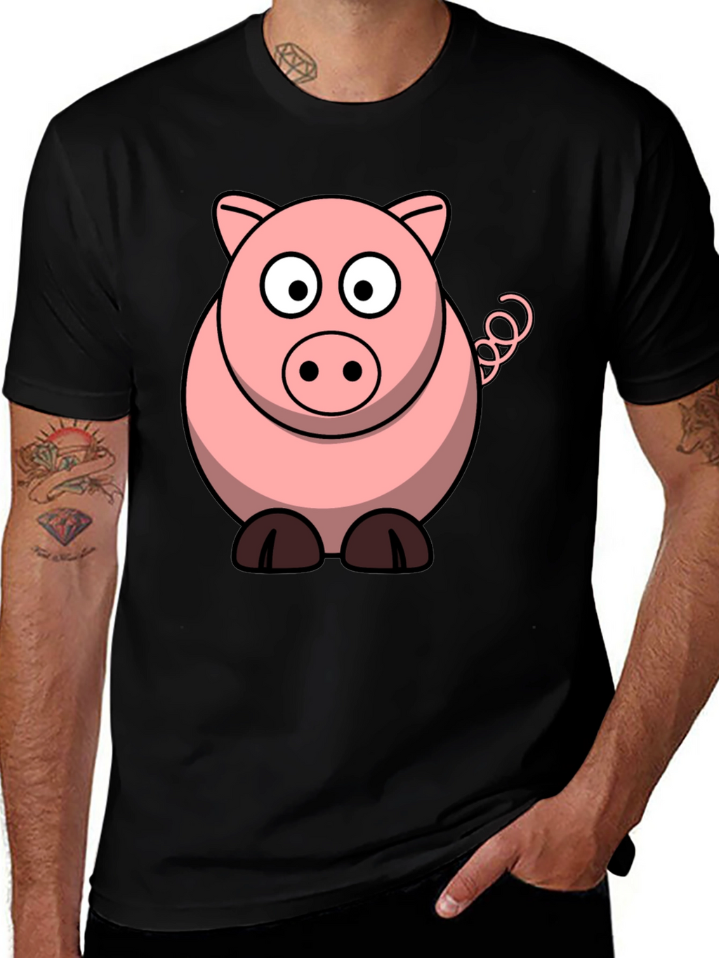 Cartoon Pig Graphic Tee - Black Cotton T-Shirt