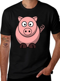 Cartoon Pig Graphic Tee - Black Cotton T-Shirt