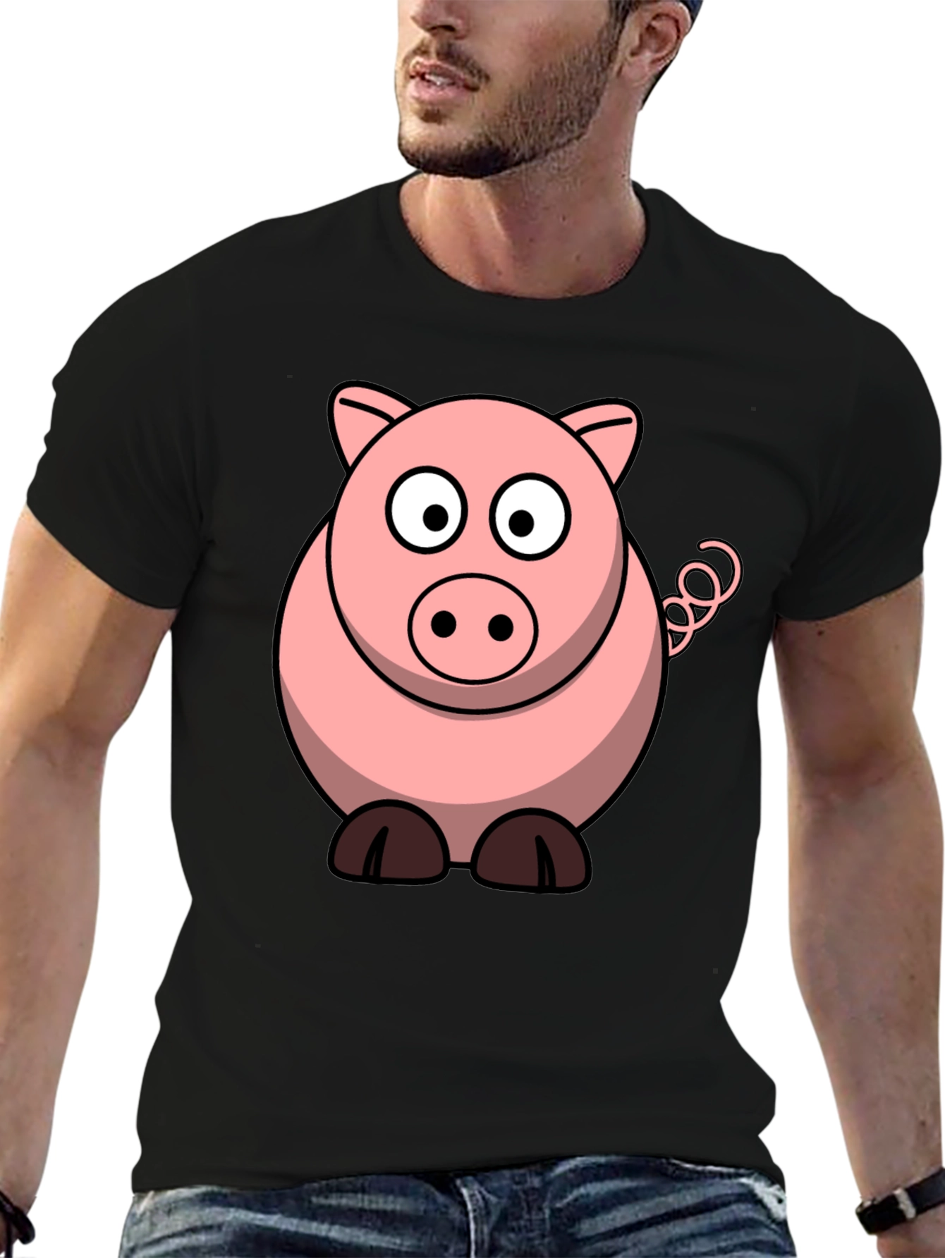 Cartoon Pig Graphic Tee - Black Cotton T-Shirt