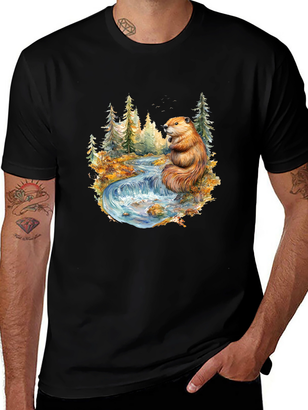 Beaver Nature Scene Graphic Tee - Black