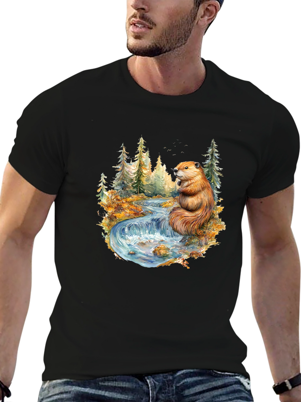 Beaver Nature Scene Graphic Tee - Black