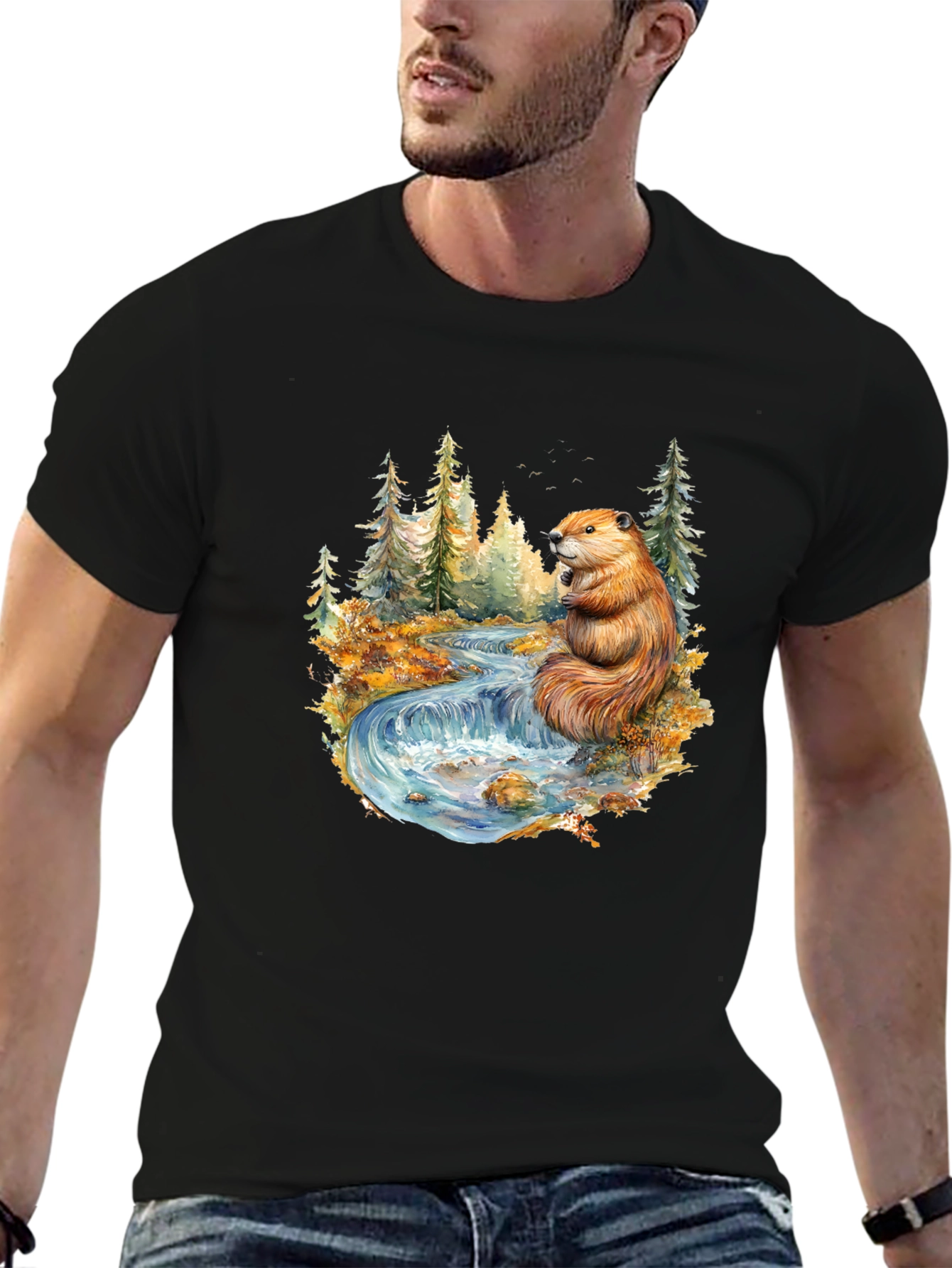 Beaver Nature Scene Graphic Tee - Black