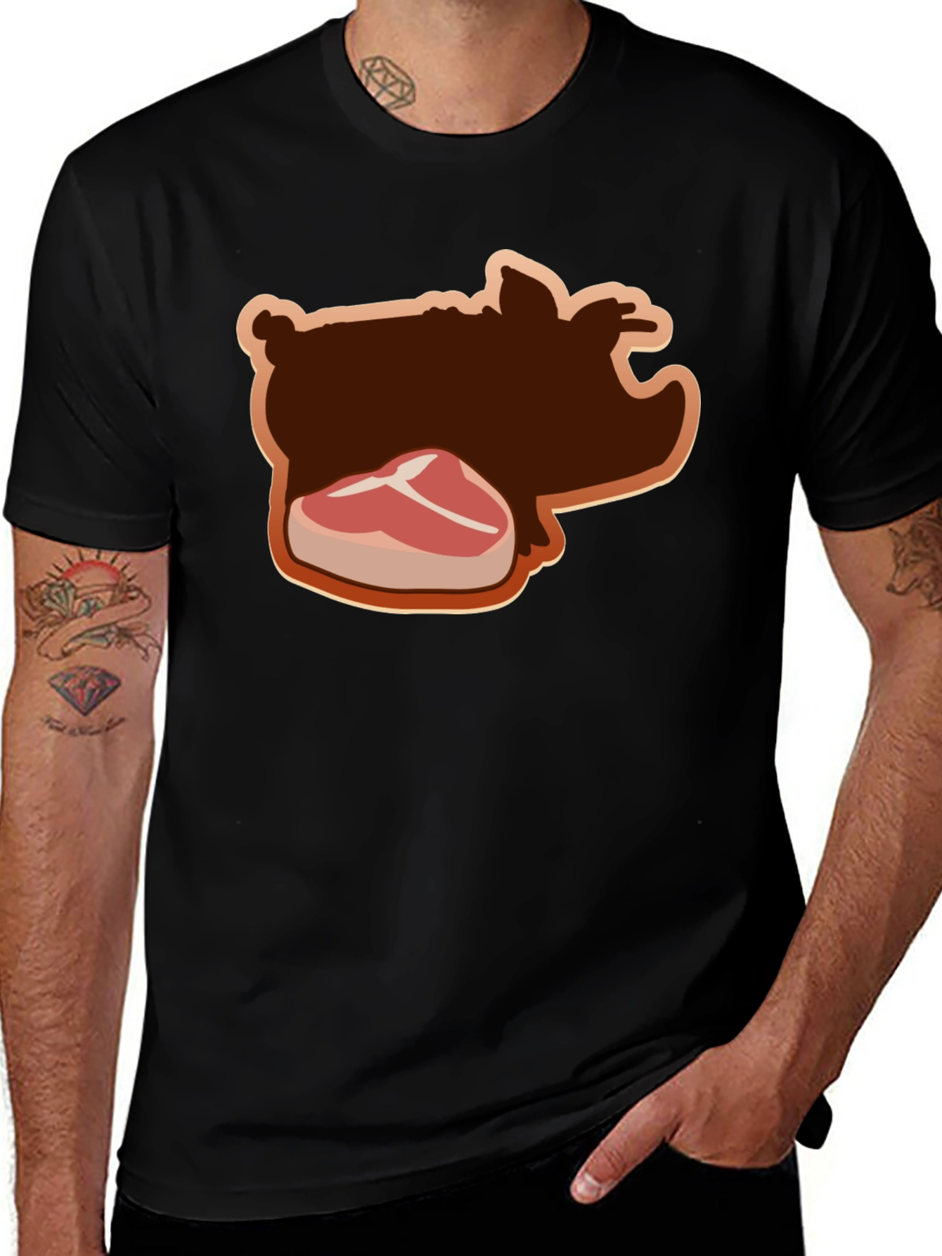Pig and Steak Graphic Black T-Shirt