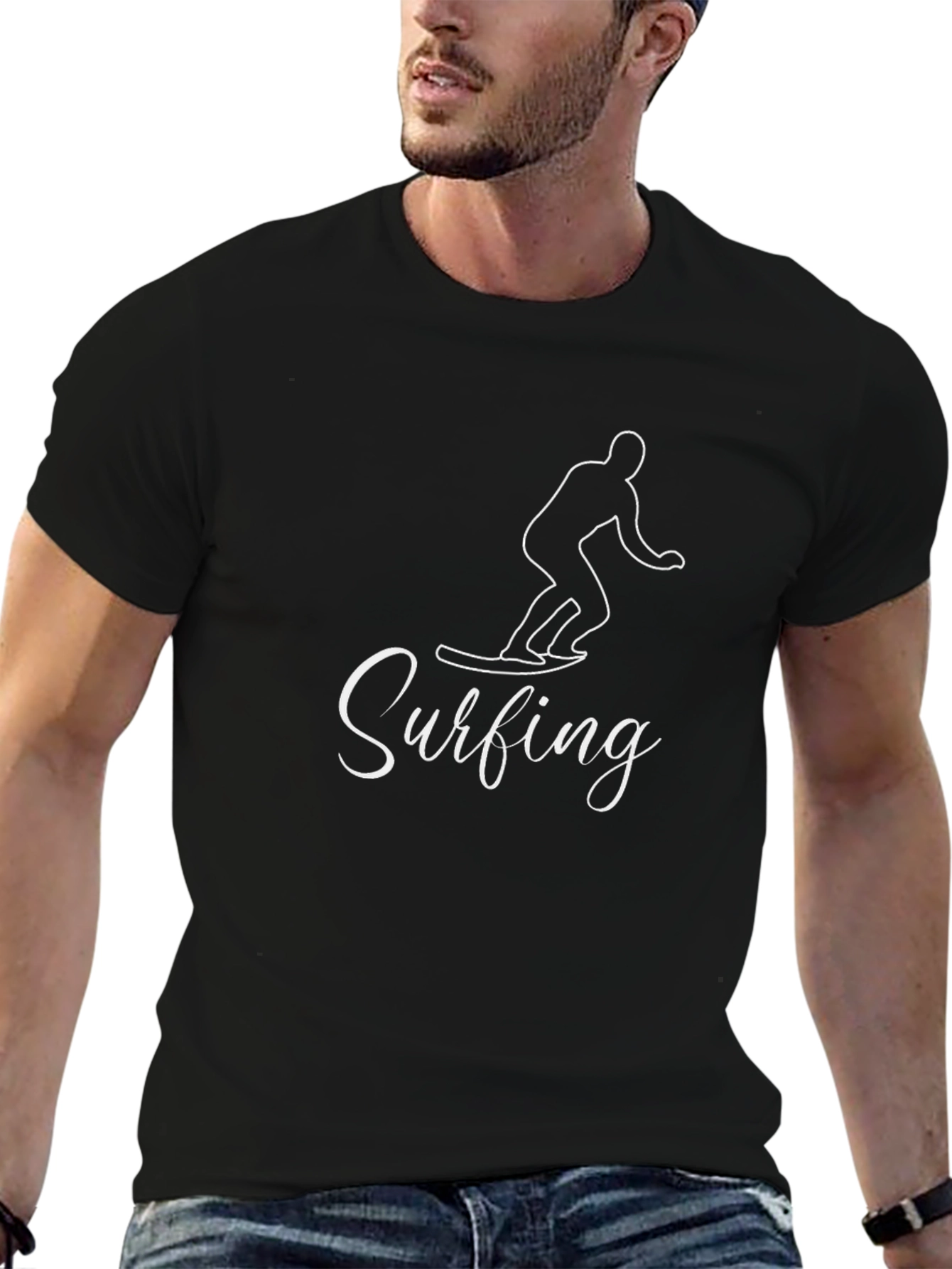 Surfing Graphic Tee - Black Cotton Casual T-Shirt