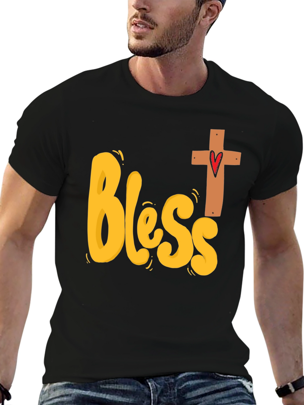 Bless Heart Cross Graphic Black T-Shirt