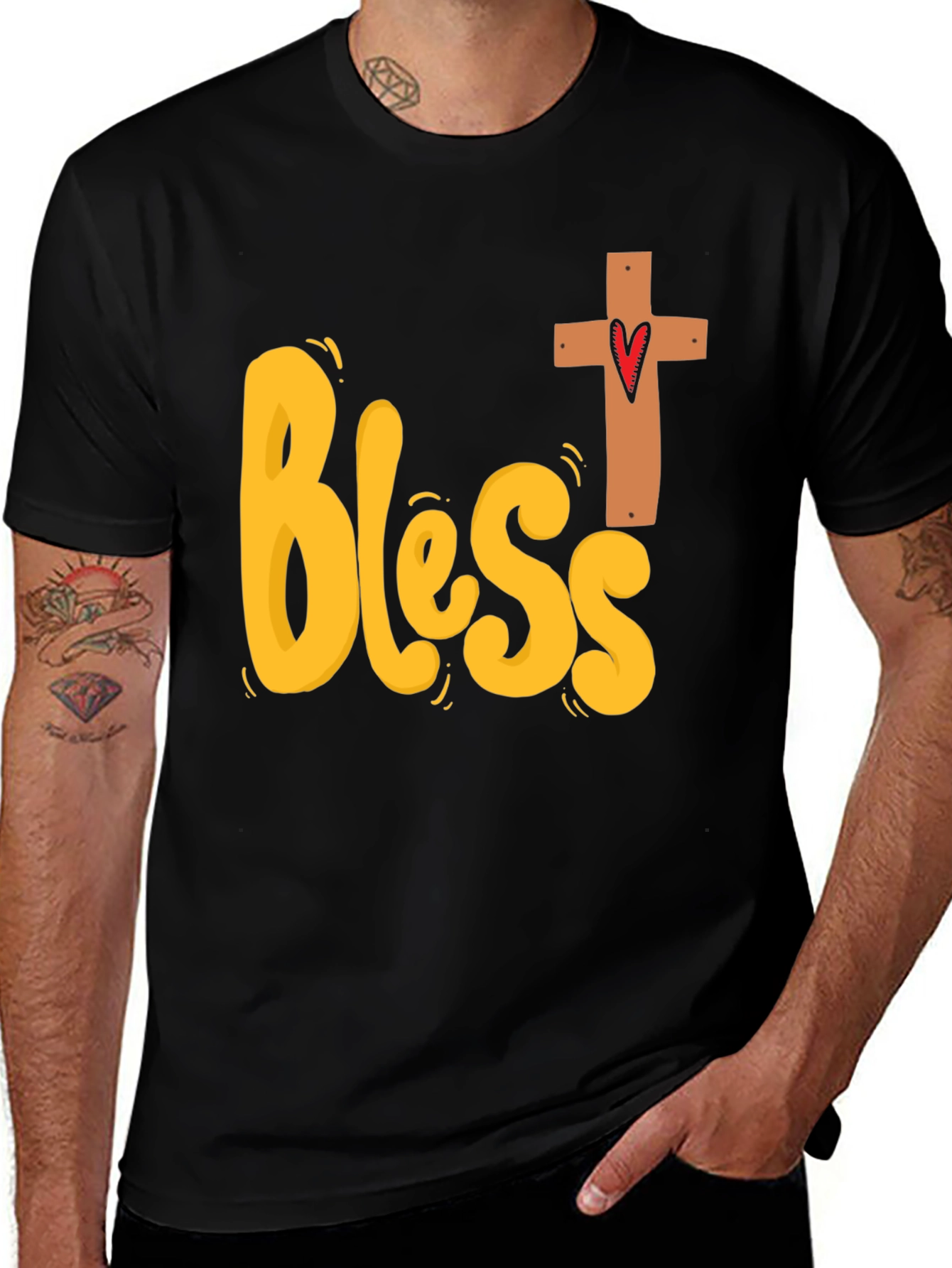 Bless Heart Cross Graphic Black T-Shirt