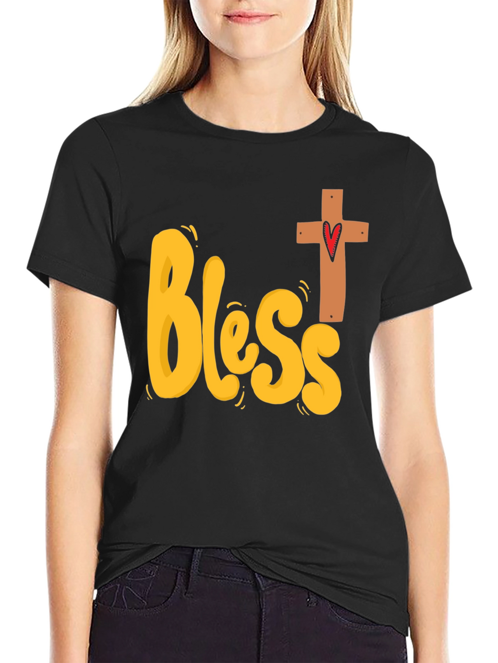 Bless Heart Cross Graphic Black T-Shirt