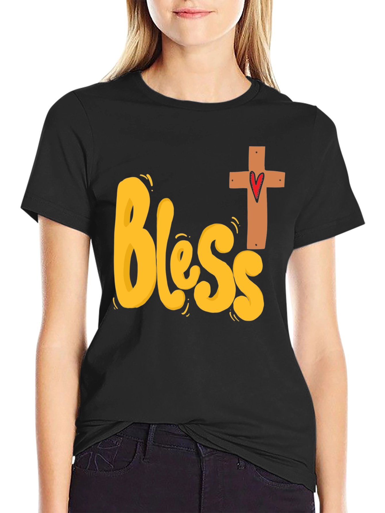 Bless Heart Cross Graphic Black T-Shirt