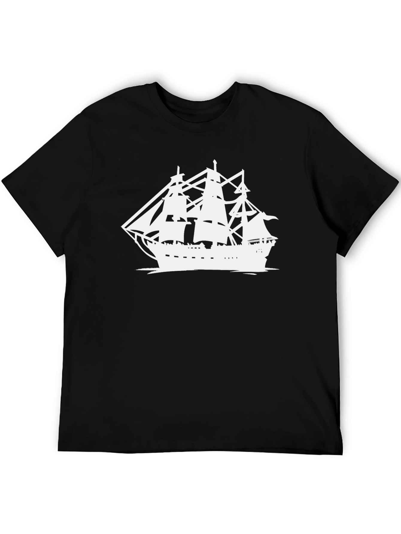 Sailing Ship Graphic Tee - Black Cotton T-Shirt