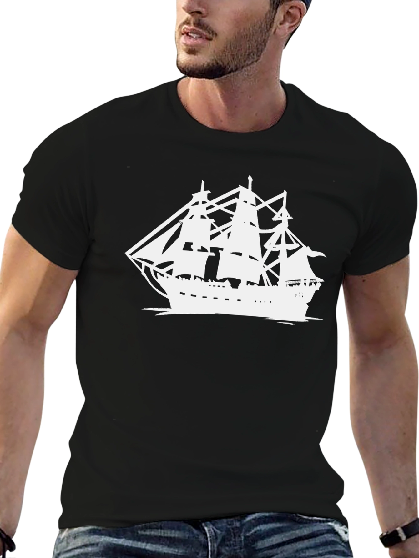 Sailing Ship Graphic Tee - Black Cotton T-Shirt