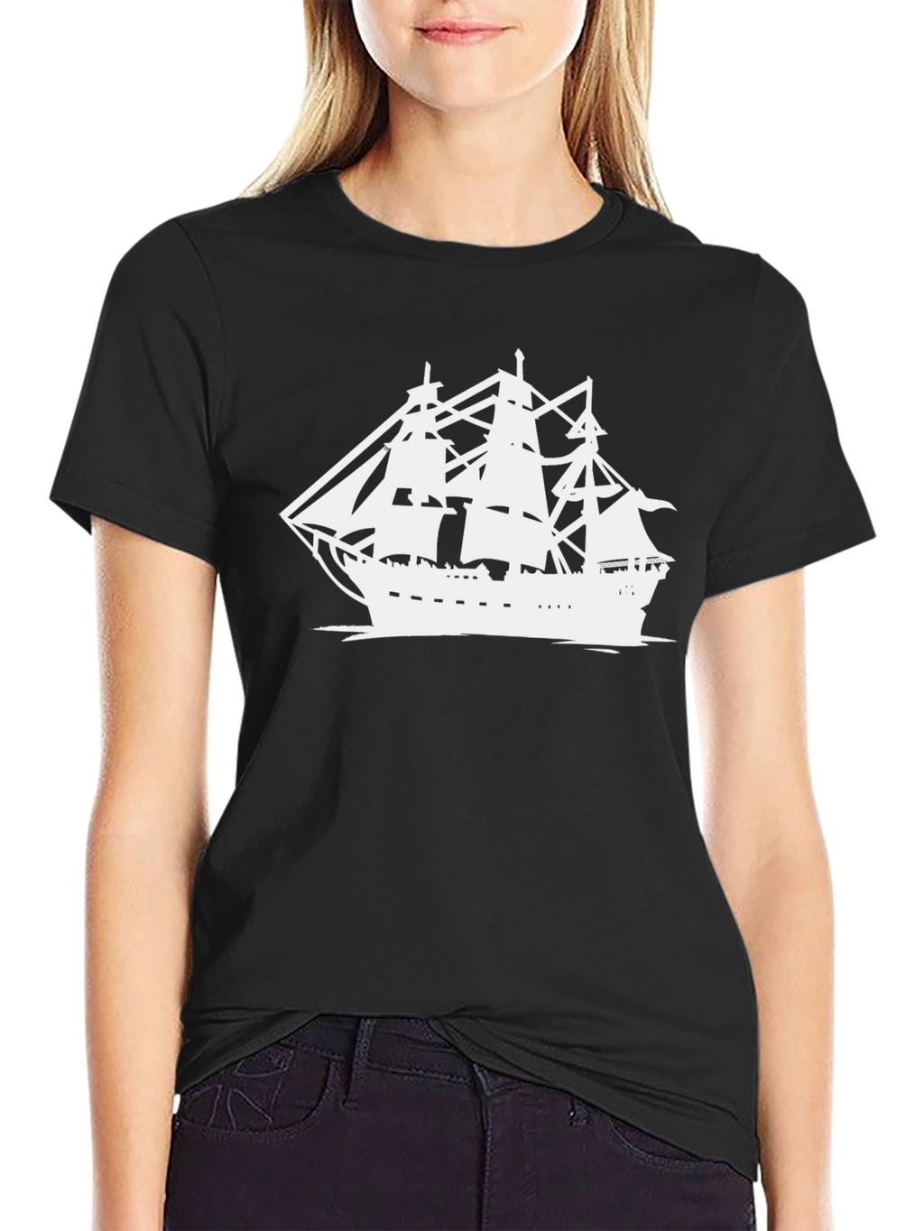 Sailing Ship Graphic Tee - Black Cotton T-Shirt