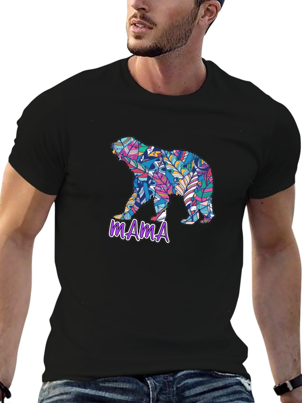 Mama Bear Feather Design Black T-Shirt