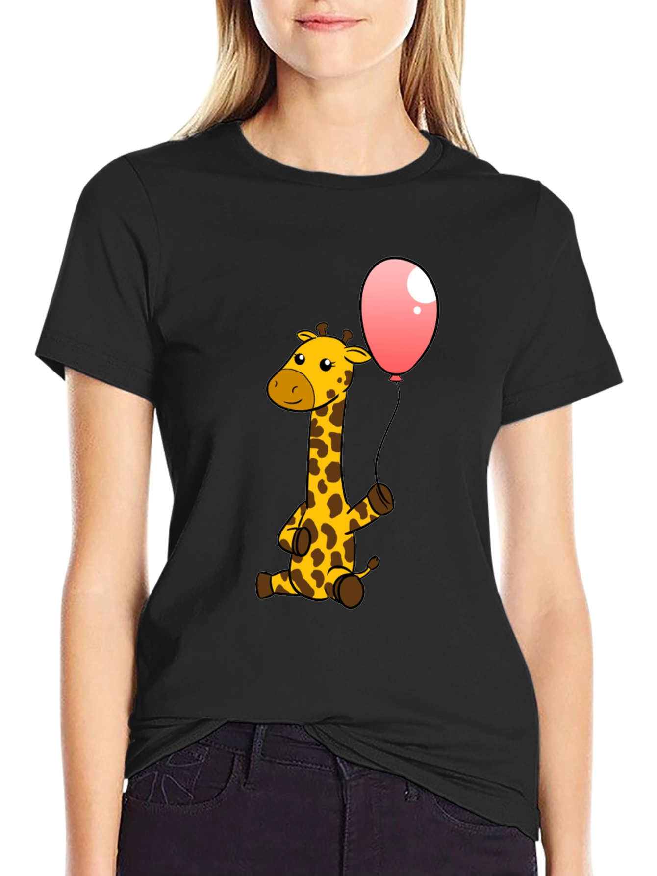 Giraffe & Balloon Graphic Black T-Shirt