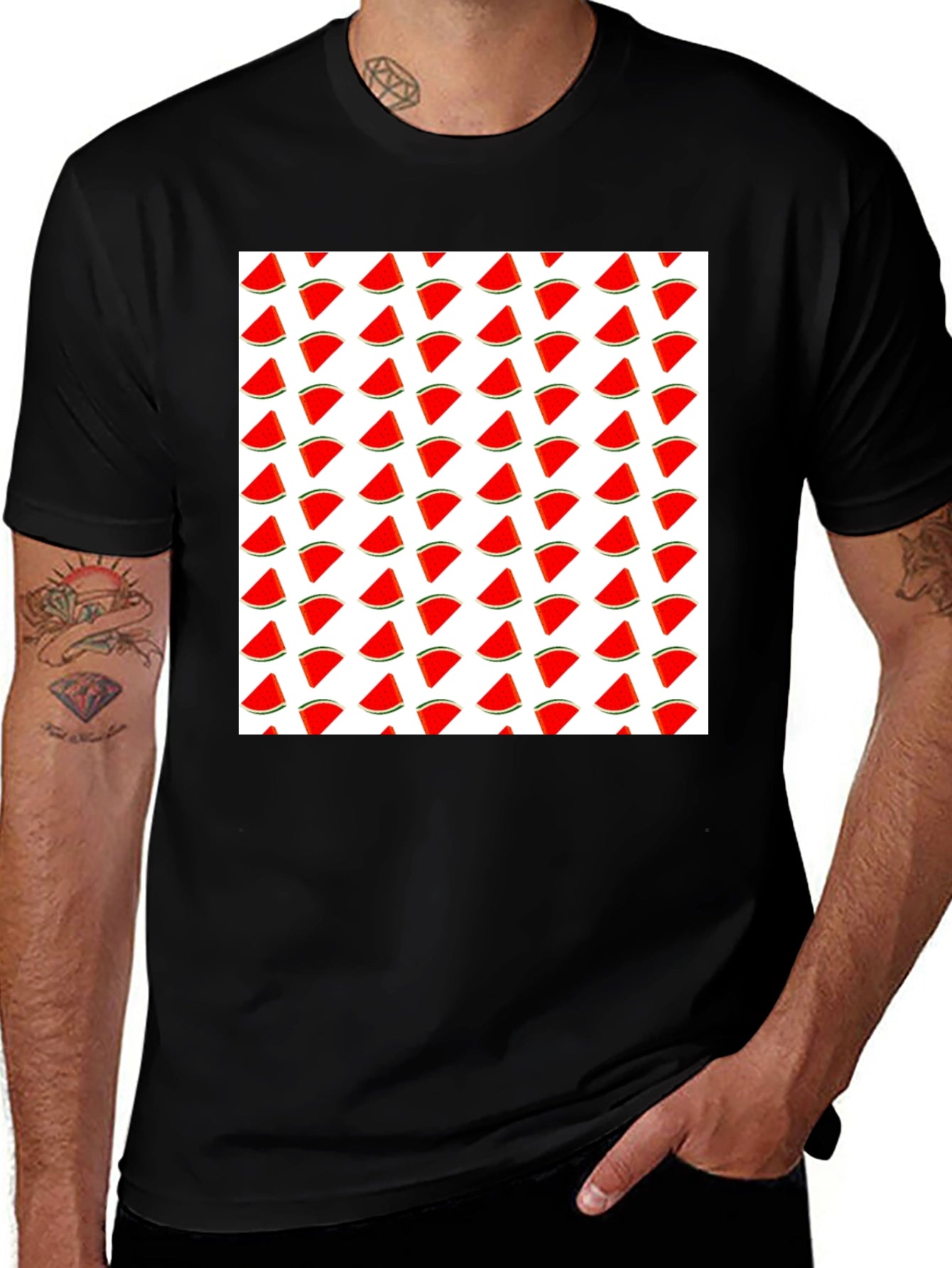 Watermelon Slice Pattern T-Shirt - Black Cotton Tee