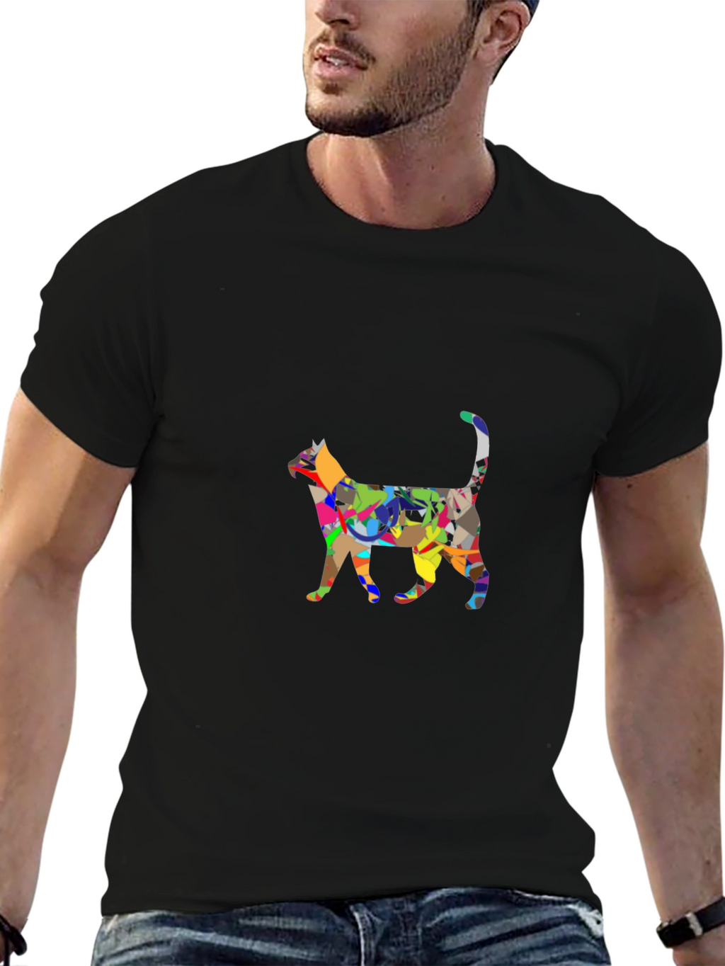 Abstract Cat Graphic Black T-Shirt