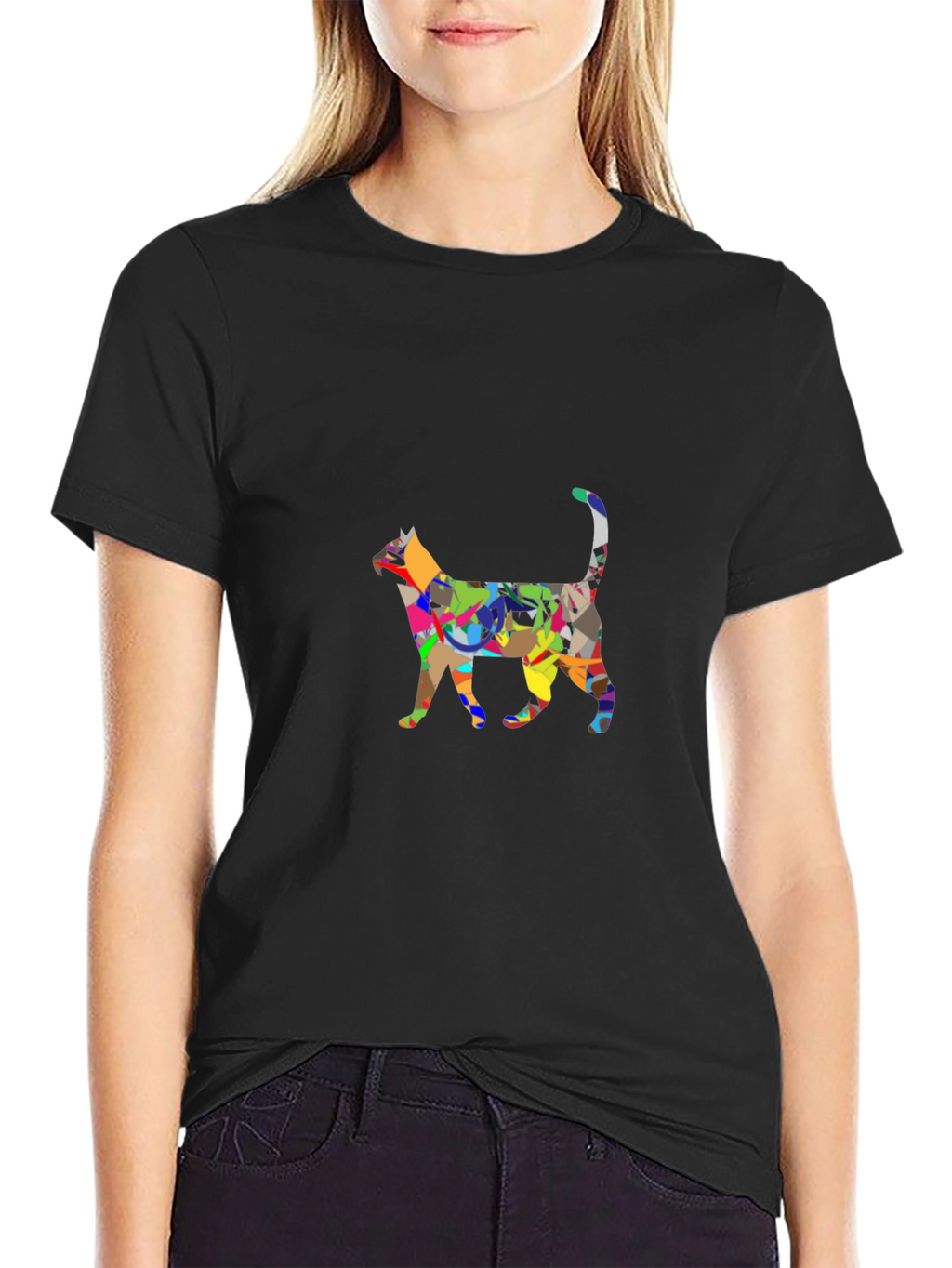 Abstract Cat Graphic Black T-Shirt