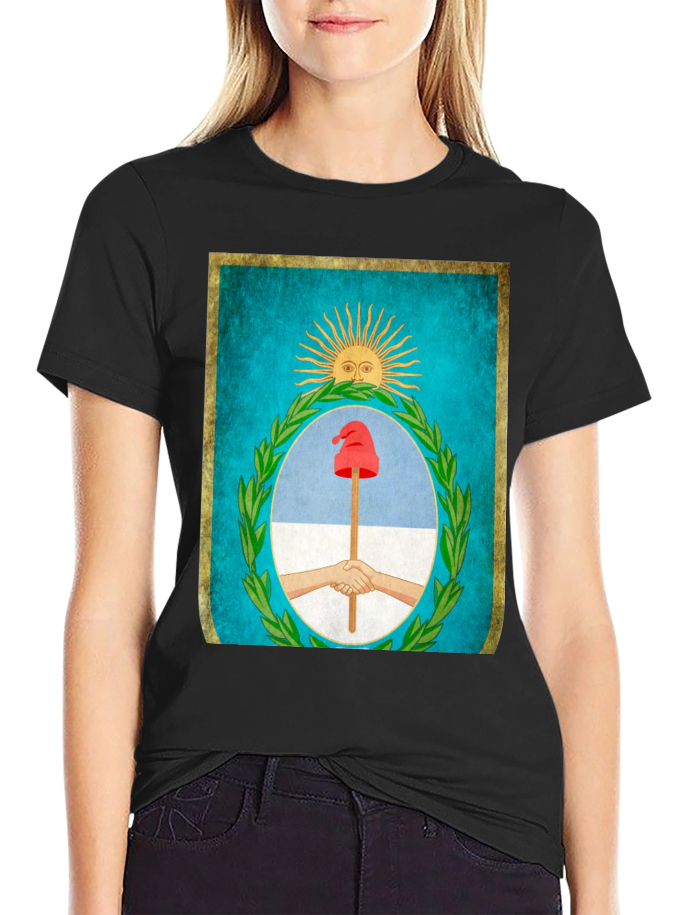 Argentina Flag T-Shirt - Sun Hands Liberty Cap Design