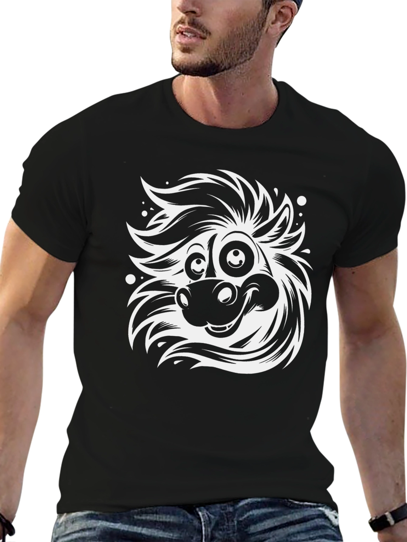 Cartoon Horse Graphic Tee - Black Cotton Blend