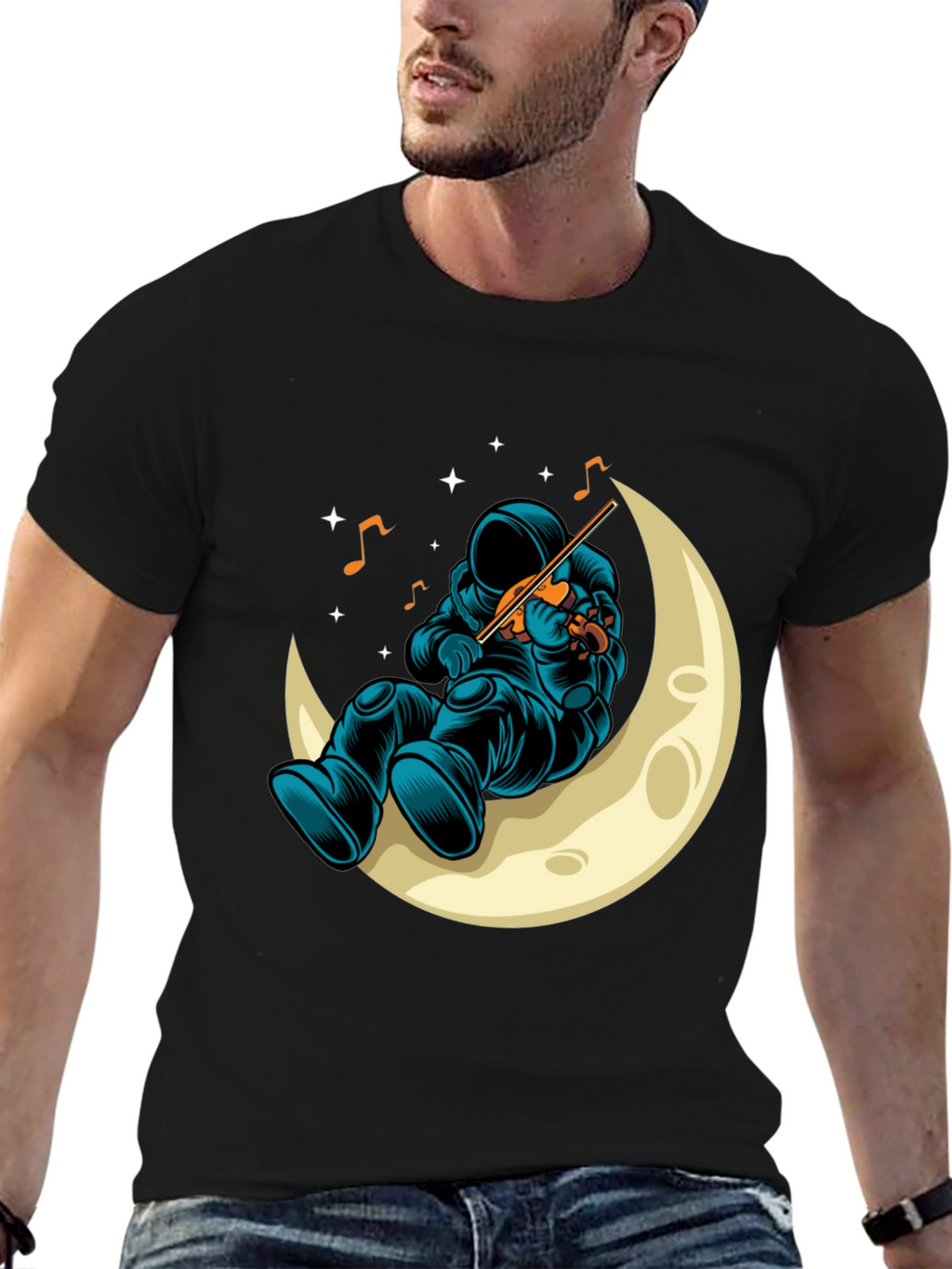 Astronaut Moon Musician Black T-Shirt