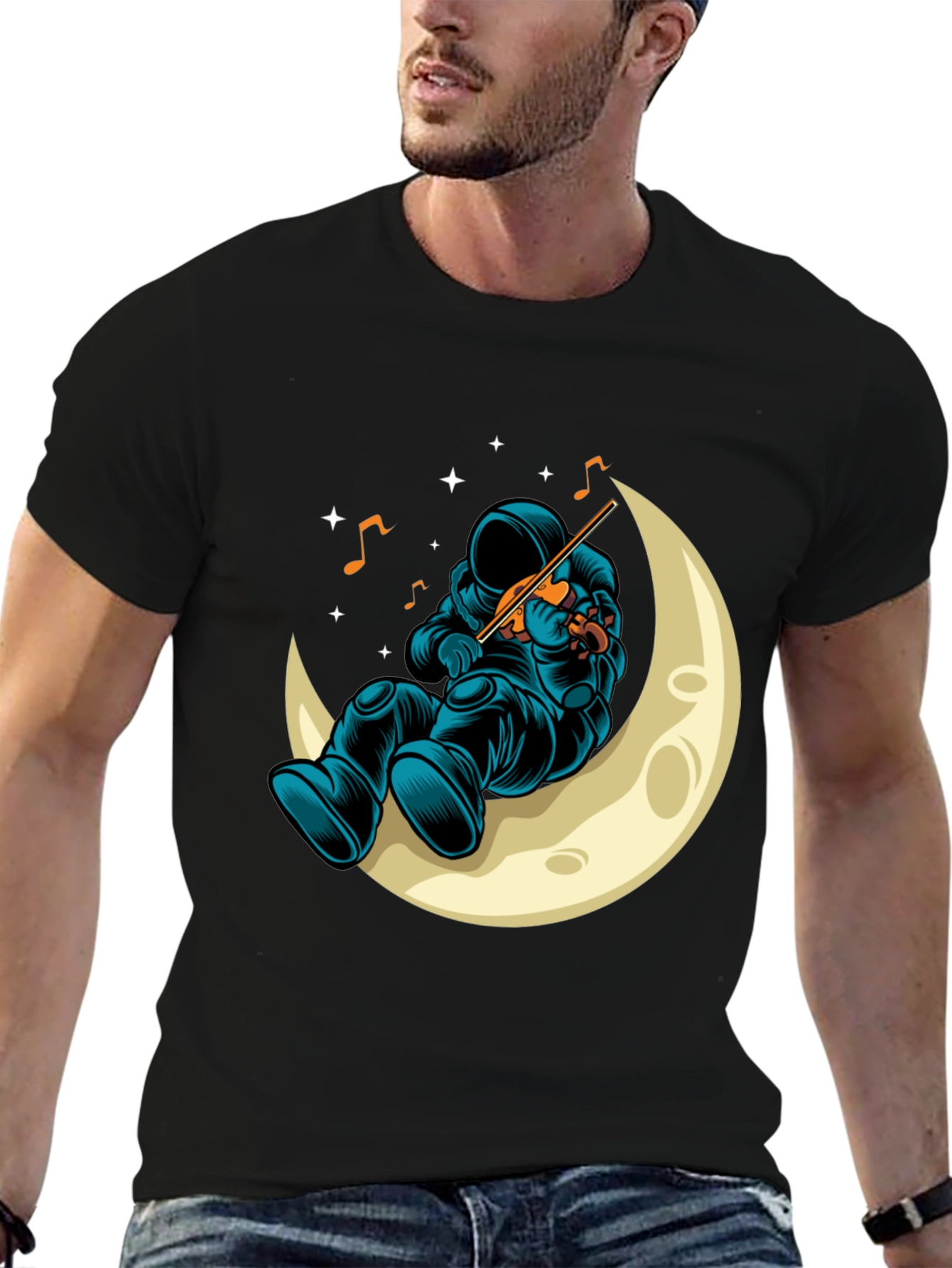Astronaut Moon Musician Black T-Shirt