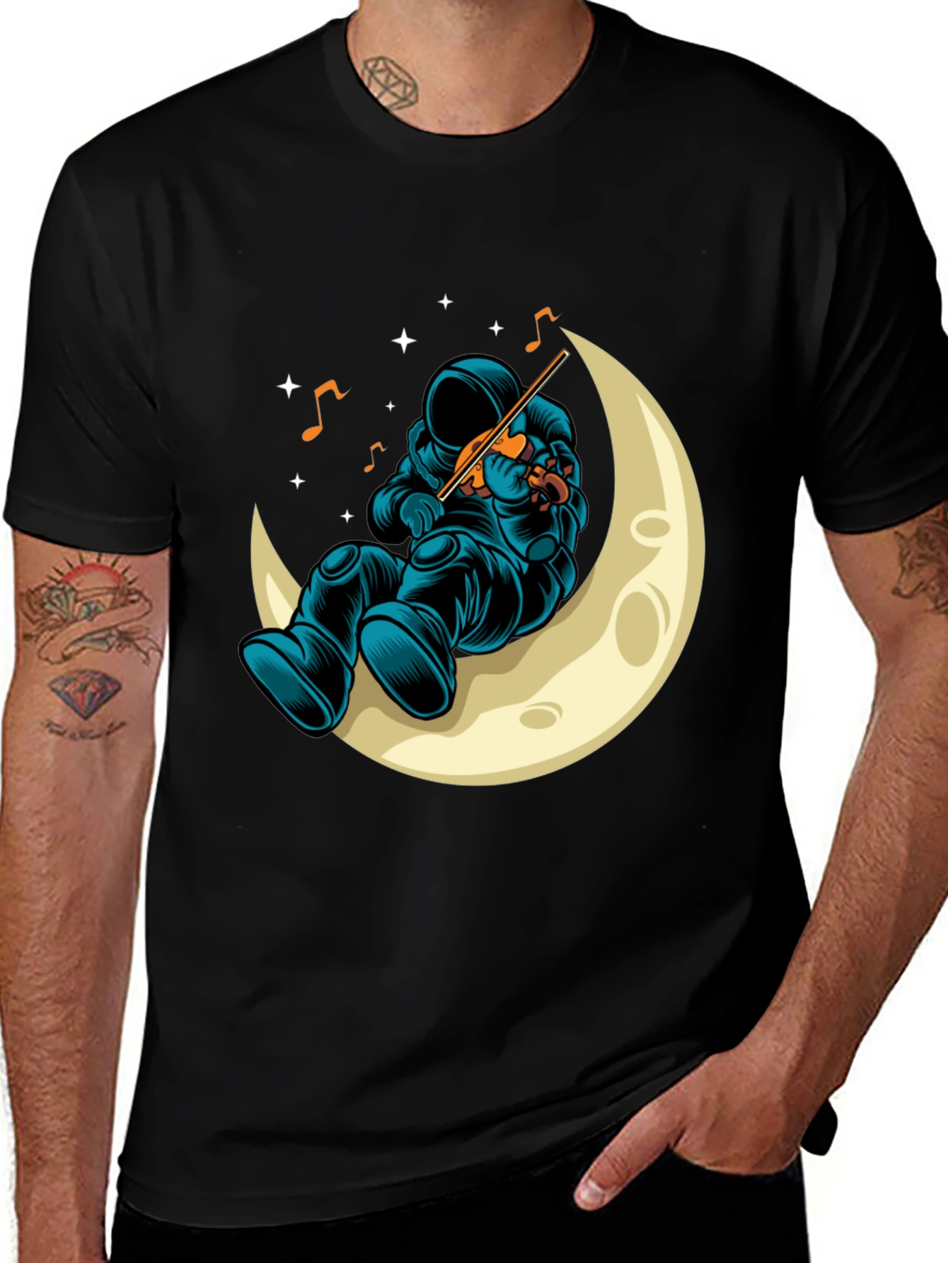 Astronaut Moon Musician Black T-Shirt