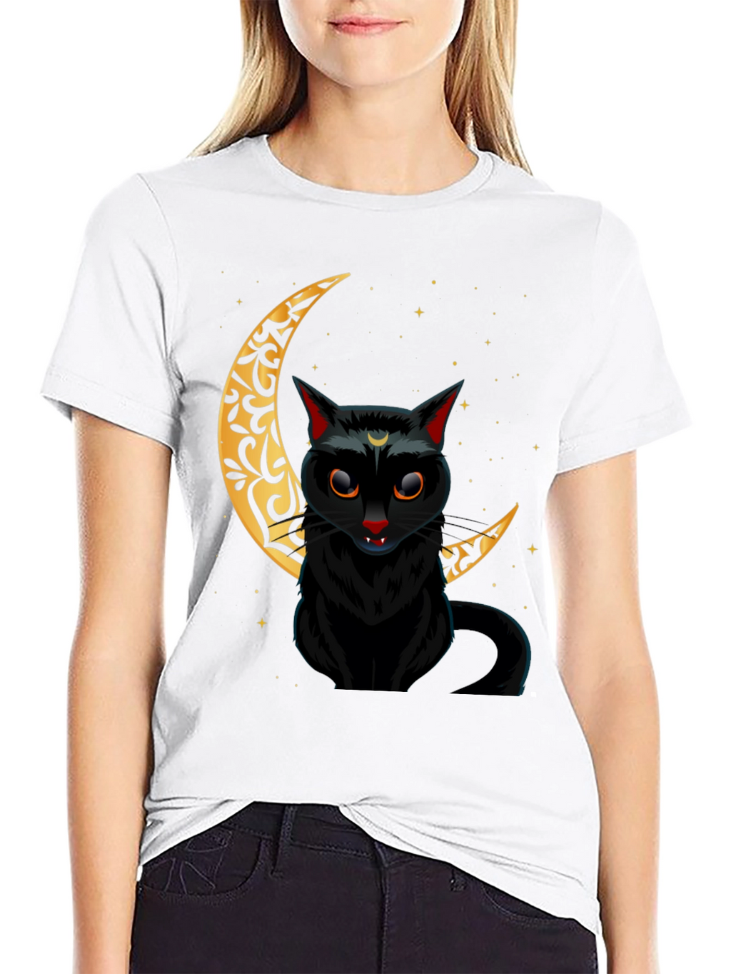 Black Cat Crescent Moon Graphic Tee