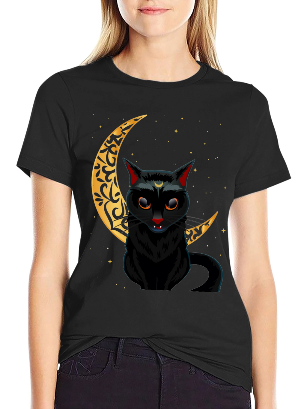 Black Cat Crescent Moon Graphic Tee