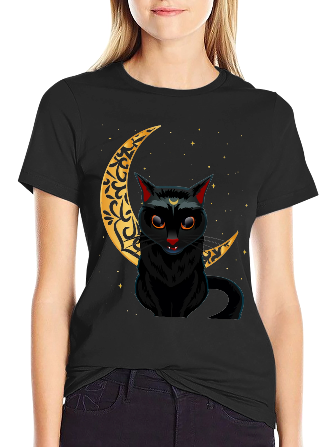Black Cat Crescent Moon Graphic Tee