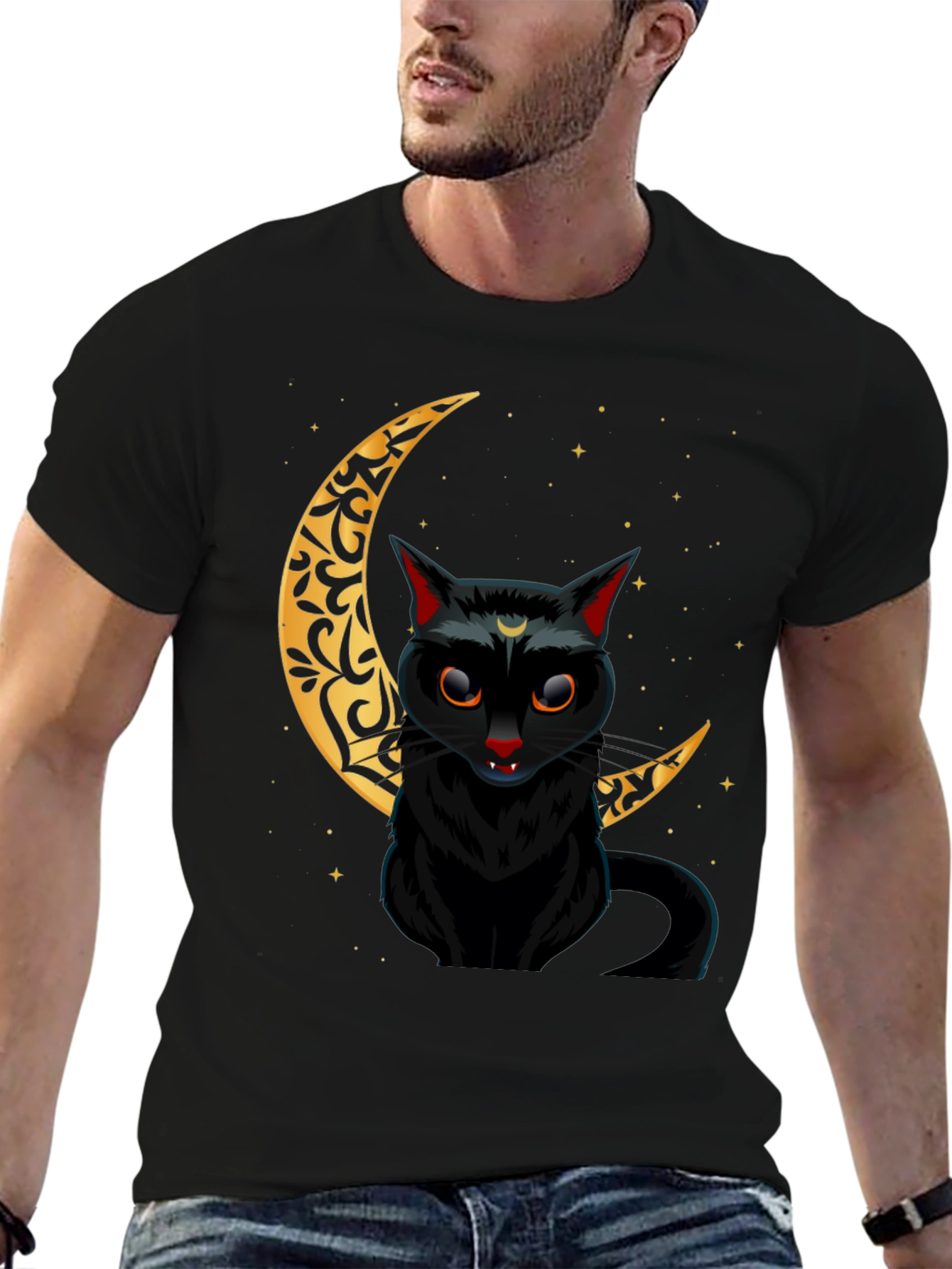Black Cat Crescent Moon Graphic Tee