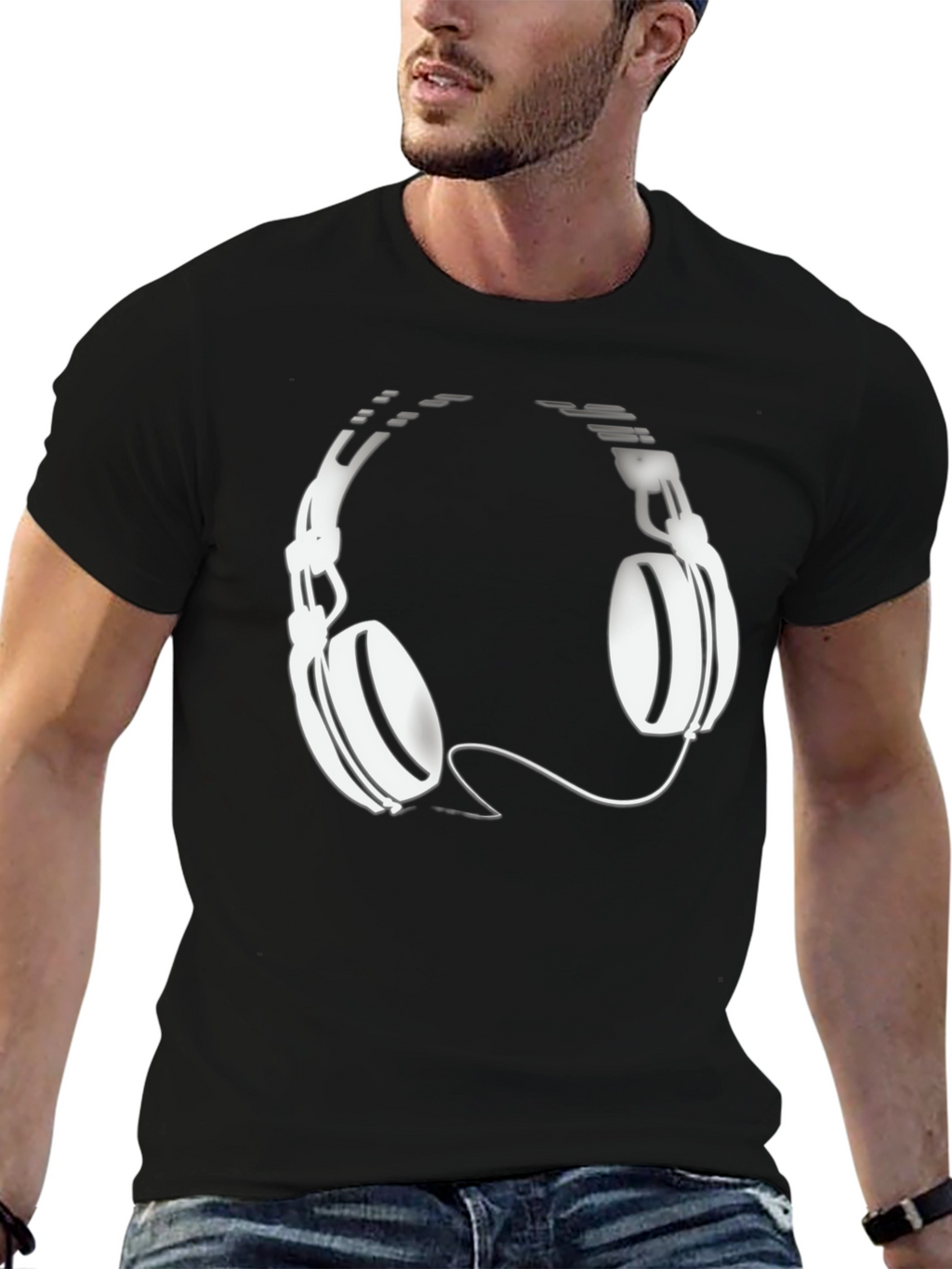 Black T-Shirt with Headphones Graphic