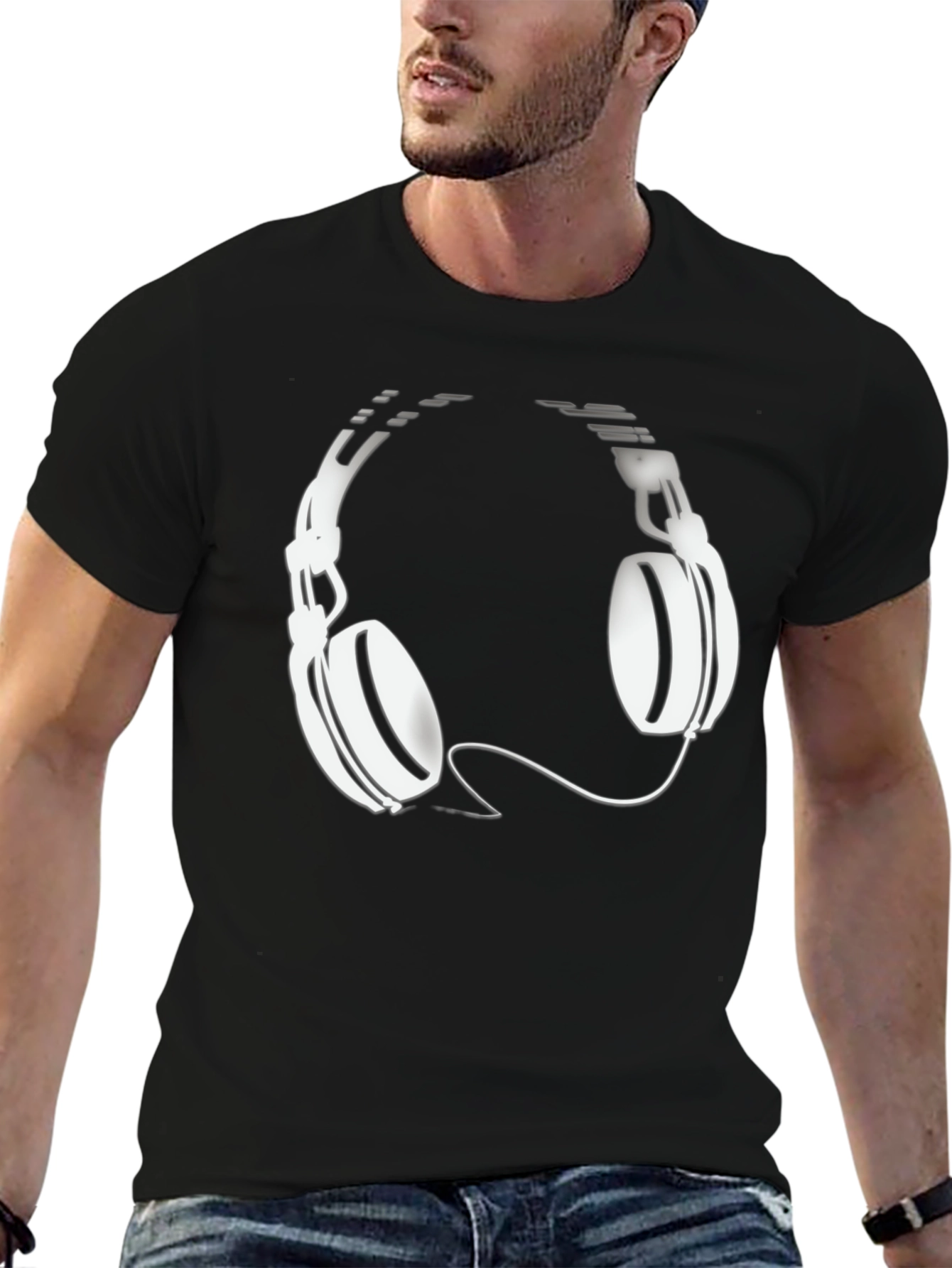 Black T-Shirt with Headphones Graphic
