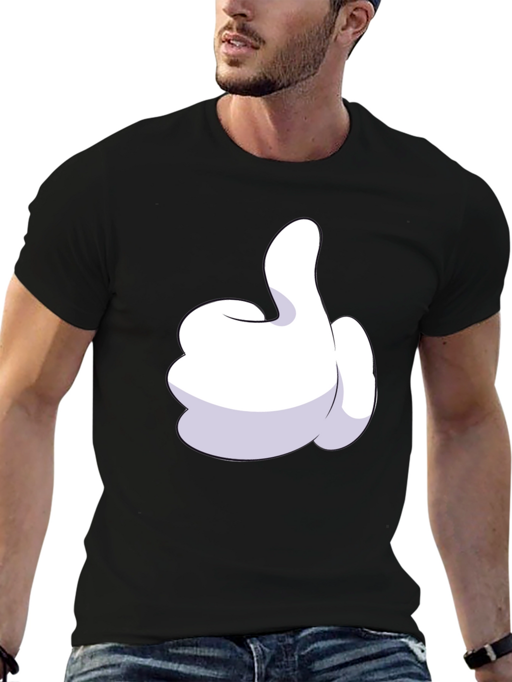 Cartoon Glove Thumbs Up Black T-Shirt