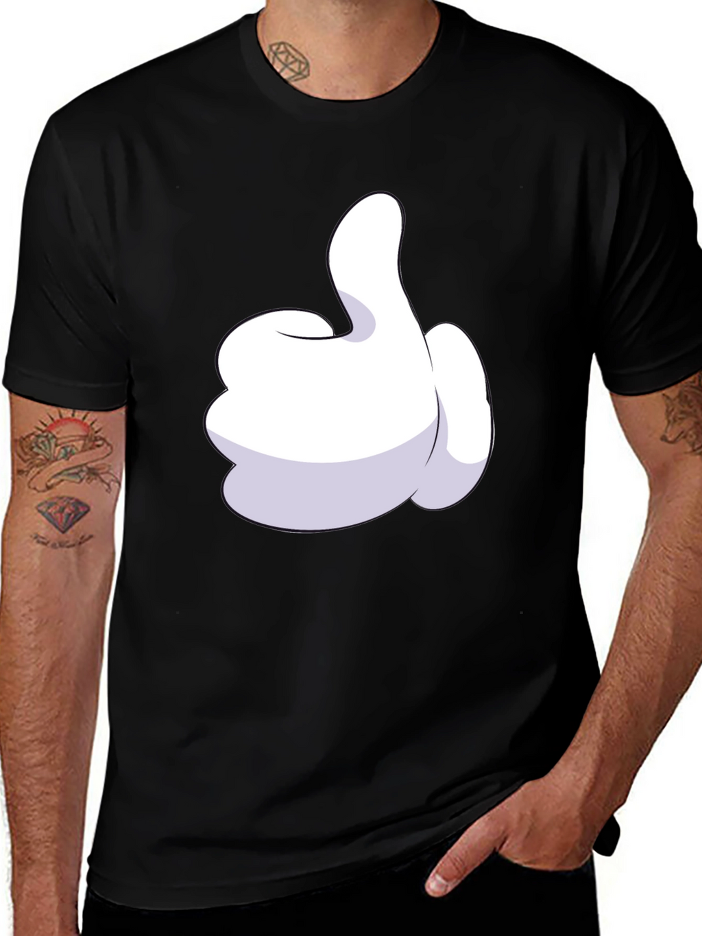 Cartoon Glove Thumbs Up Black T-Shirt