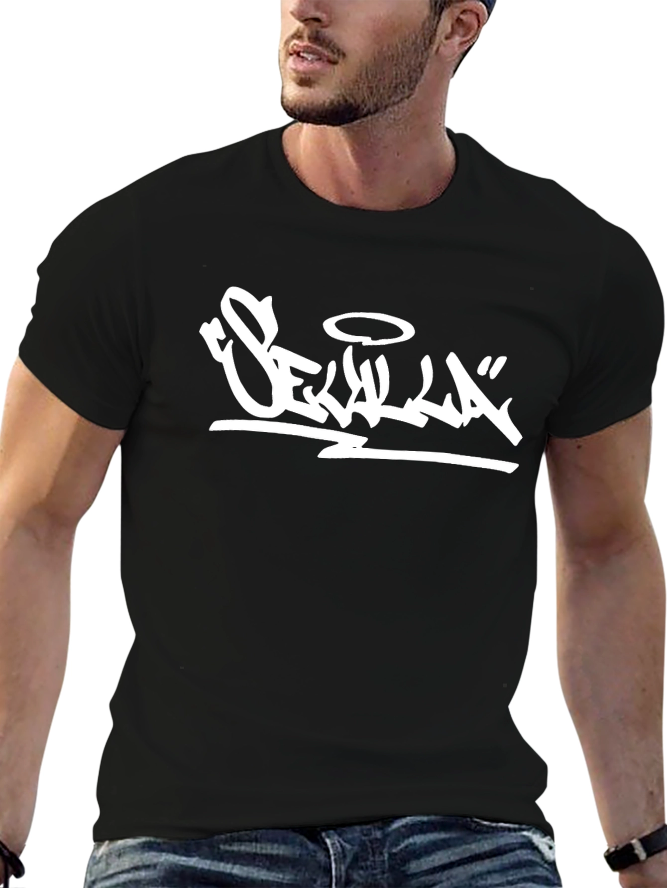 Black T-Shirt with White Graphic Print