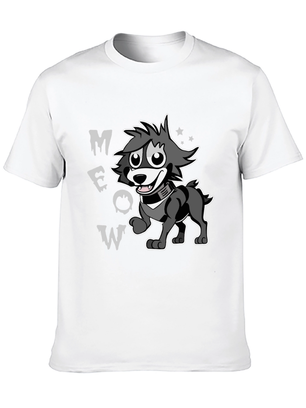 Cartoon Wolf MEOW Black T-Shirt