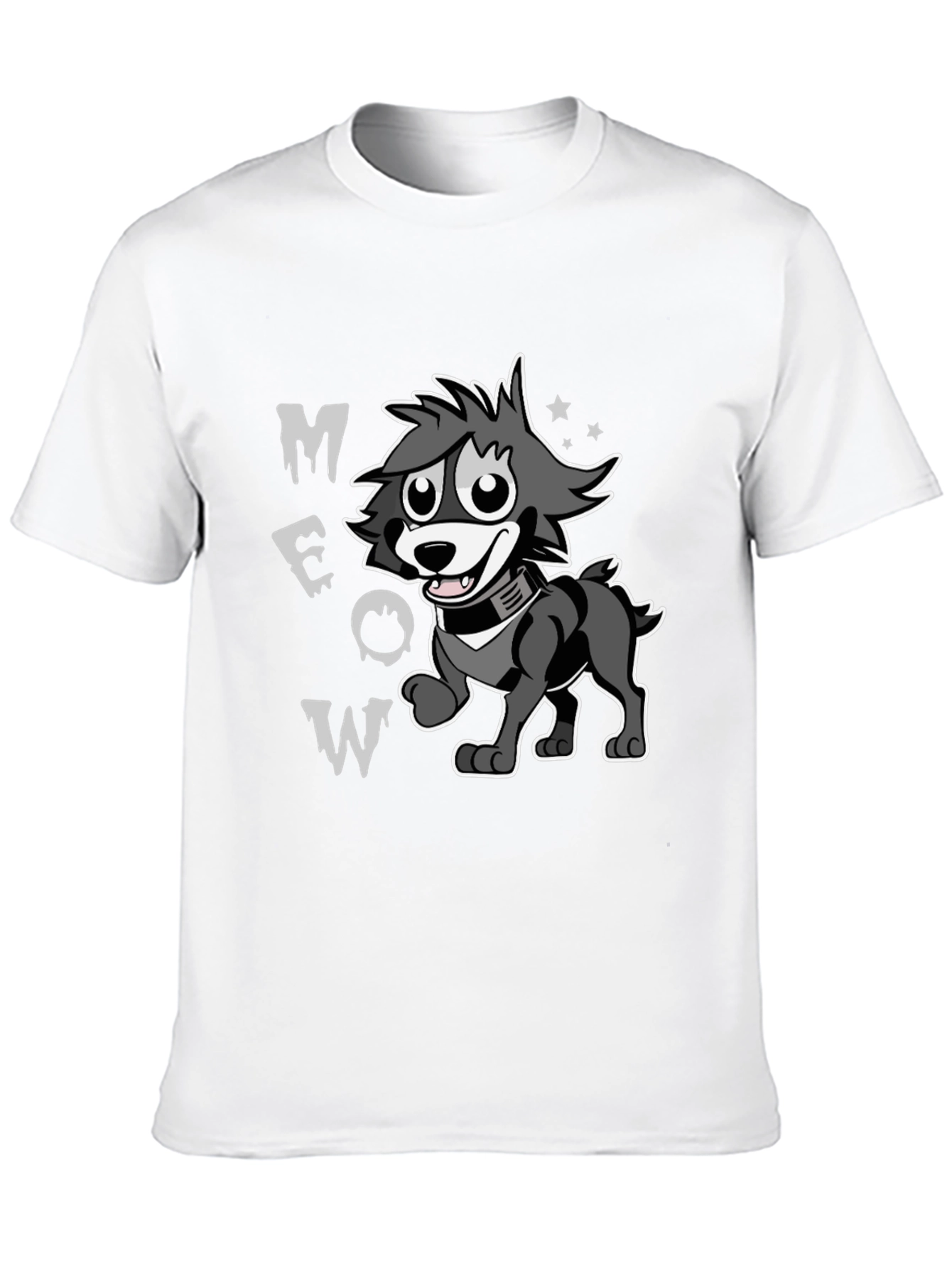Cartoon Wolf MEOW Black T-Shirt
