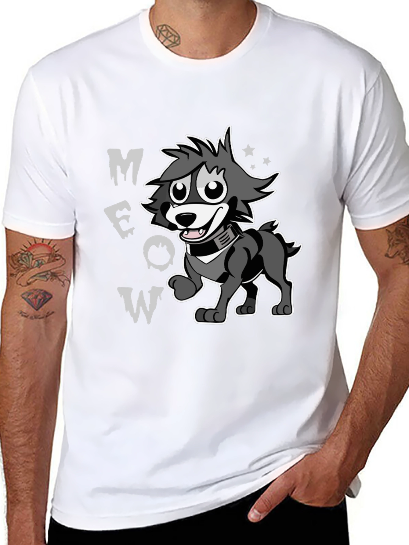 Cartoon Wolf MEOW Black T-Shirt