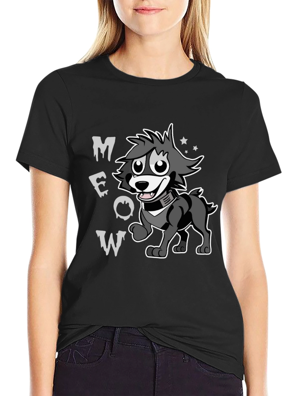 Cartoon Wolf MEOW Black T-Shirt