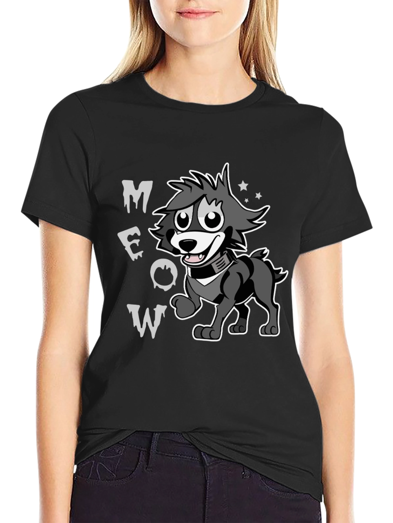 Cartoon Wolf MEOW Black T-Shirt