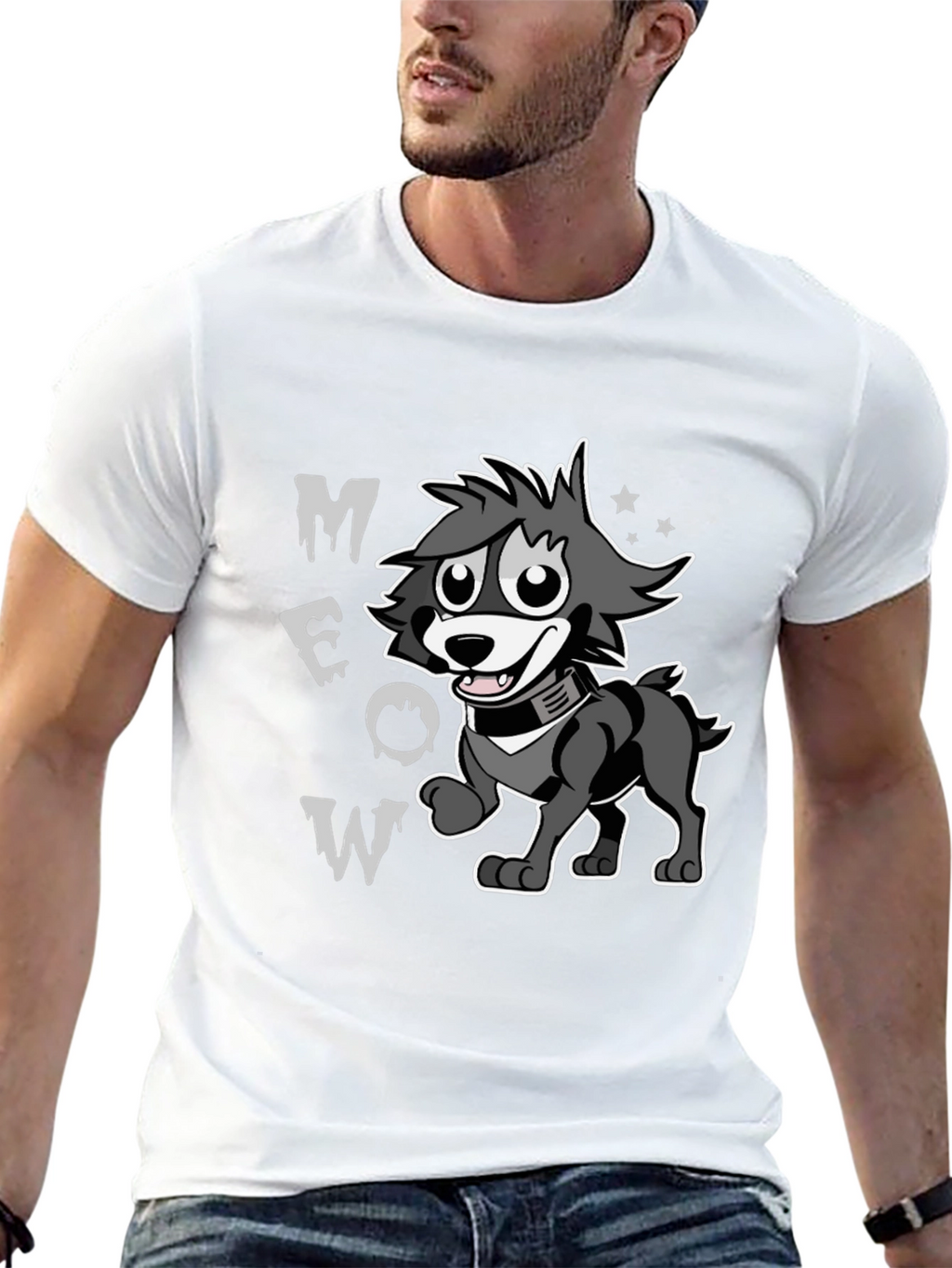 Cartoon Wolf MEOW Black T-Shirt