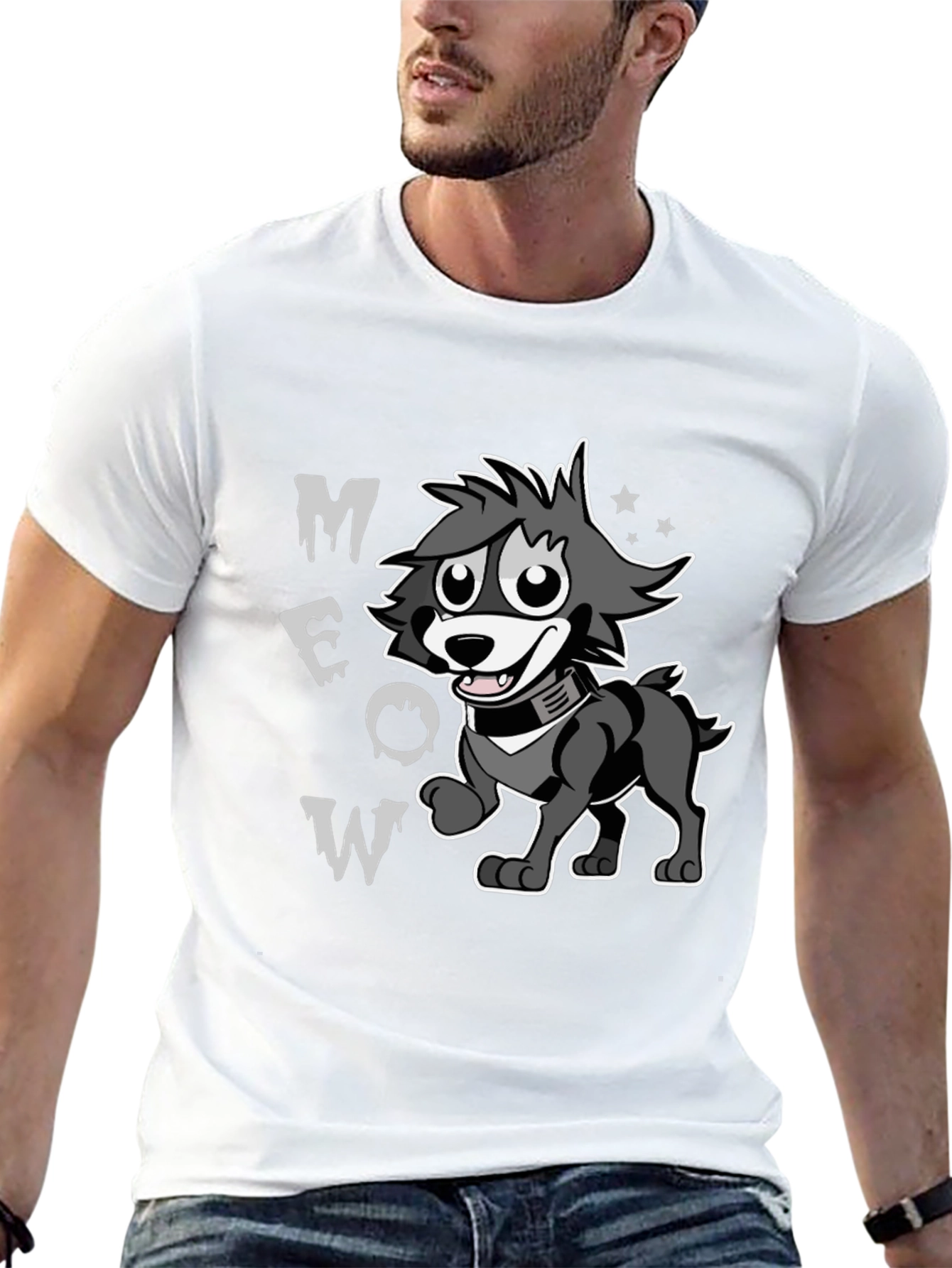 Cartoon Wolf MEOW Black T-Shirt