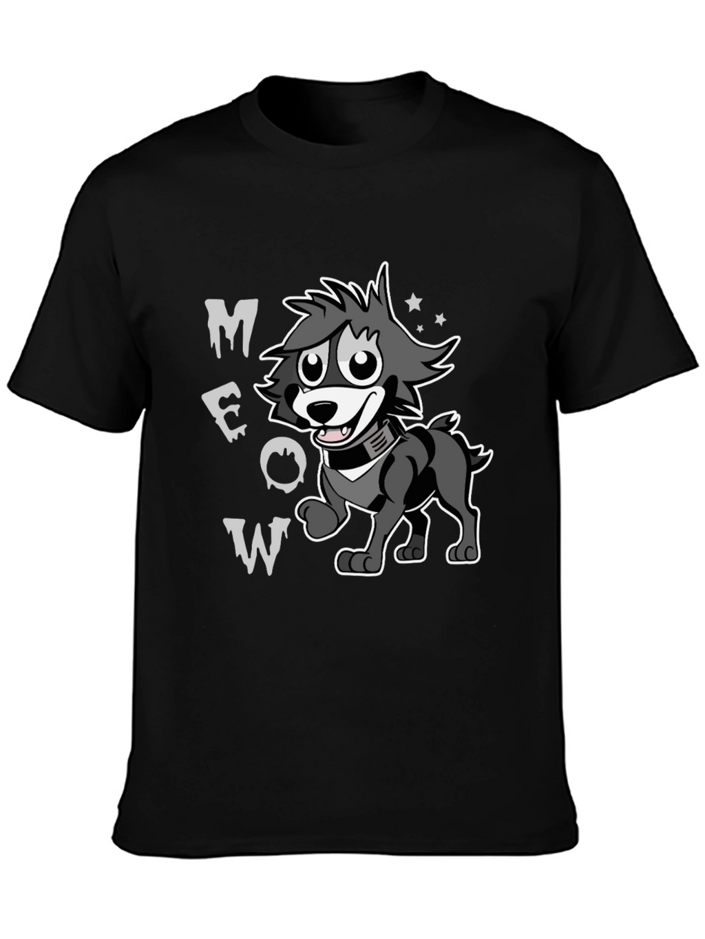 Cartoon Wolf MEOW Black T-Shirt