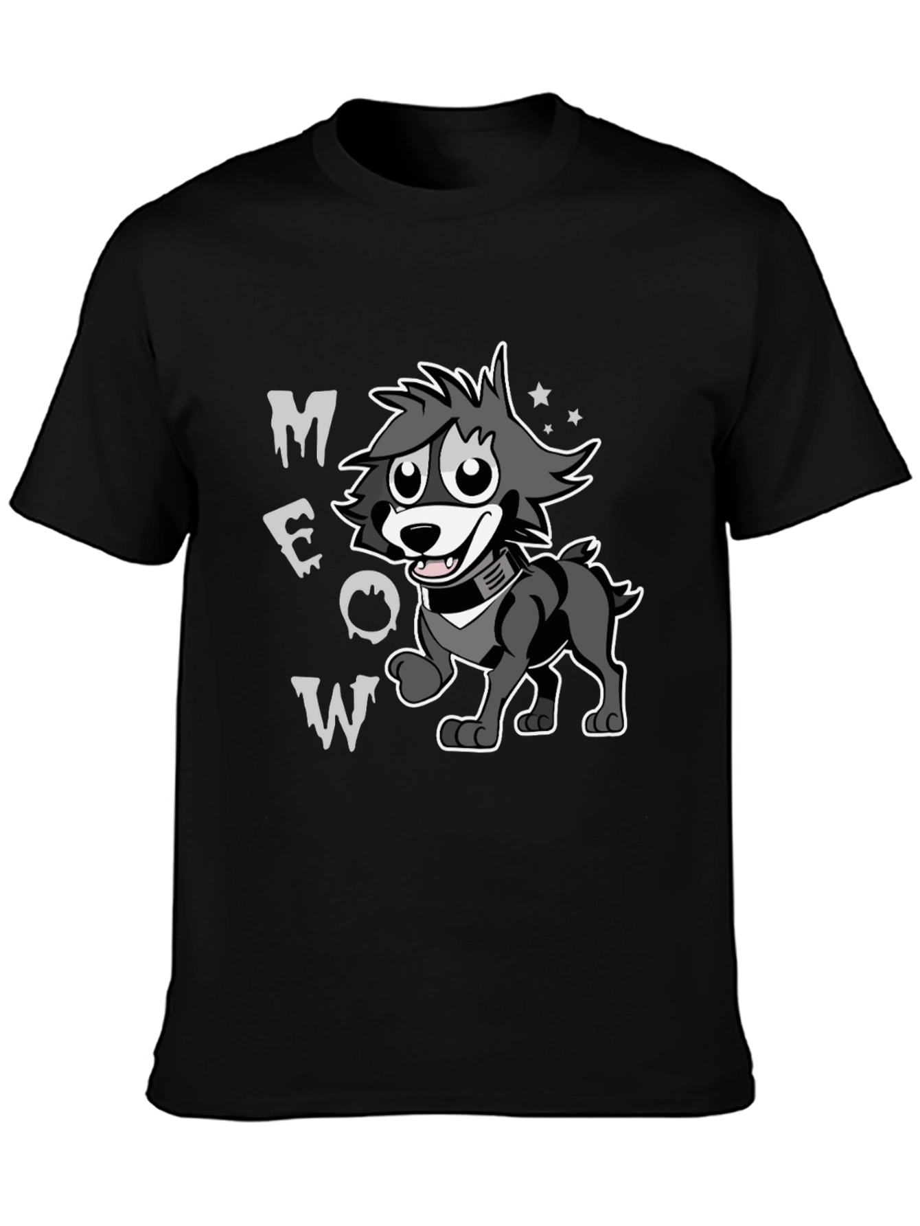 Cartoon Wolf MEOW Black T-Shirt