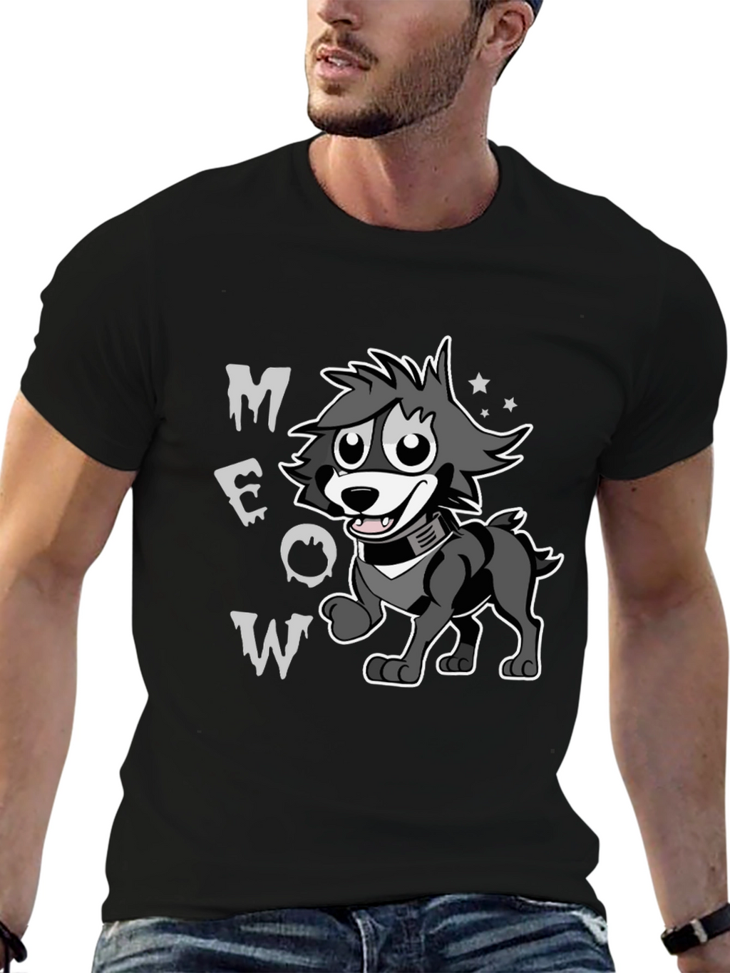 Cartoon Wolf MEOW Black T-Shirt